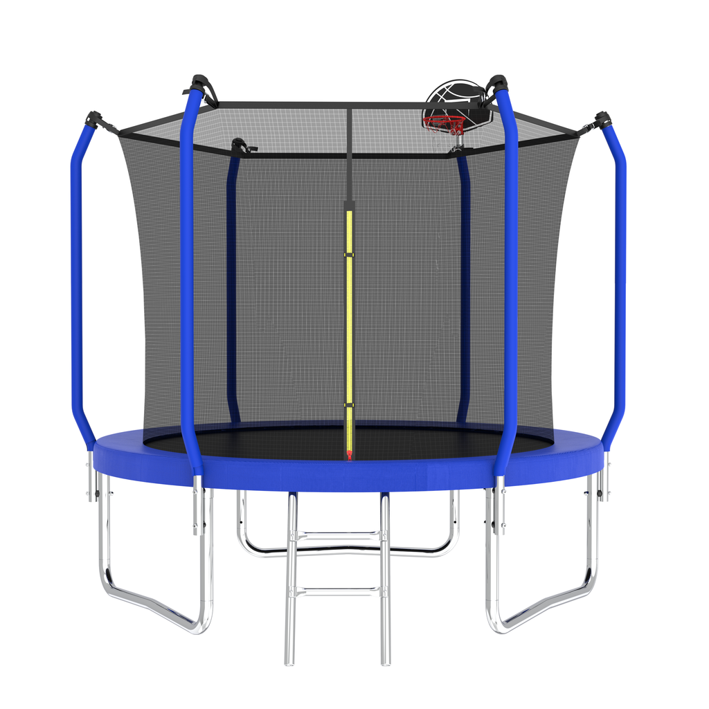 Blue 8-foot trampoline with basketball hoop — front view
