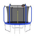 Blue 8-foot trampoline with basketball hoop — front view