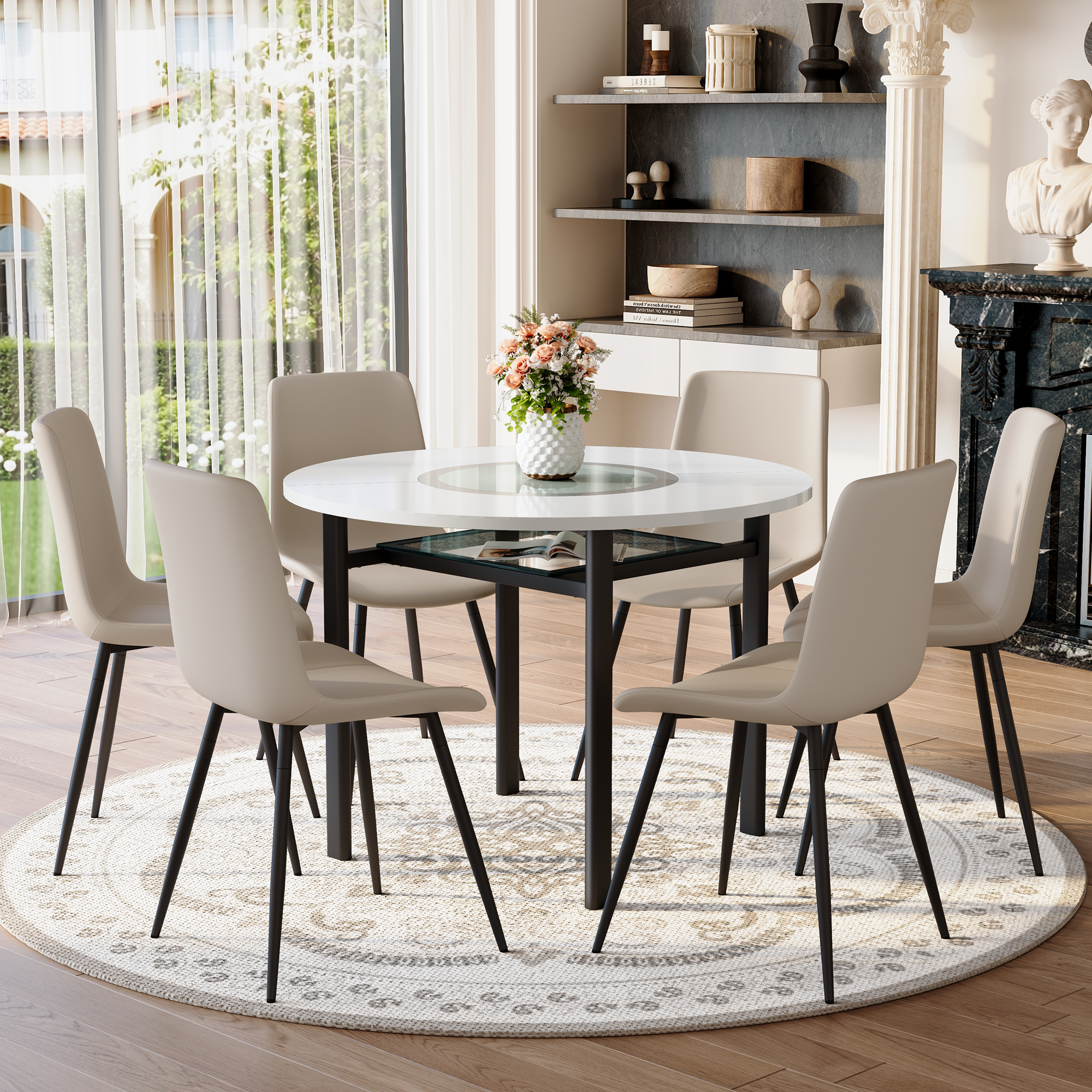 Table and chair set.42 inch modern minimalist white desktop round dining table set.Paired with 6 Light Gray Artificial PU Chairs With Curved Widened Cushion Design. Suitable for dining rooms,etc.
