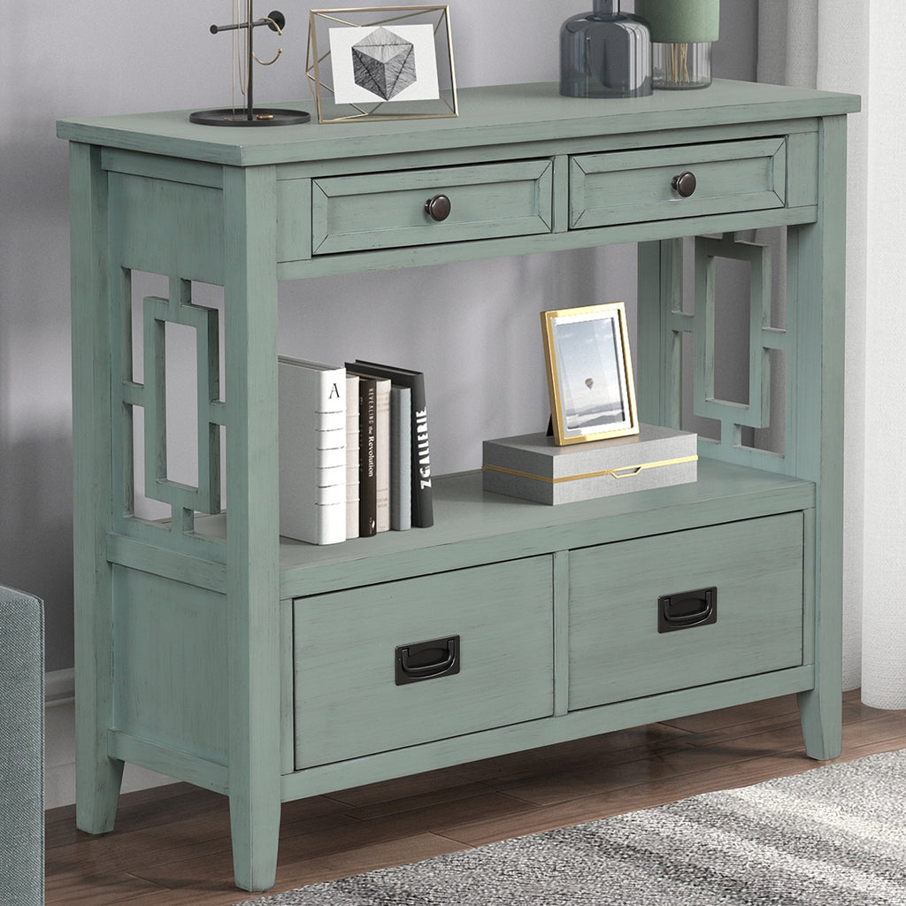 Farmhouse entryway console table open shelf full view