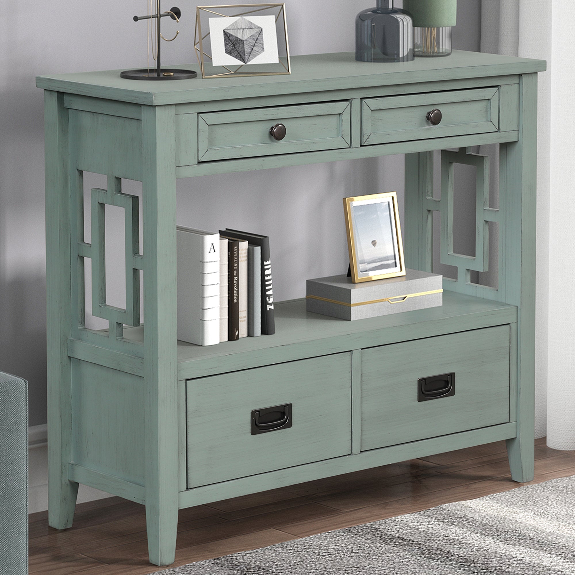 Farmhouse entryway console table open shelf full view
