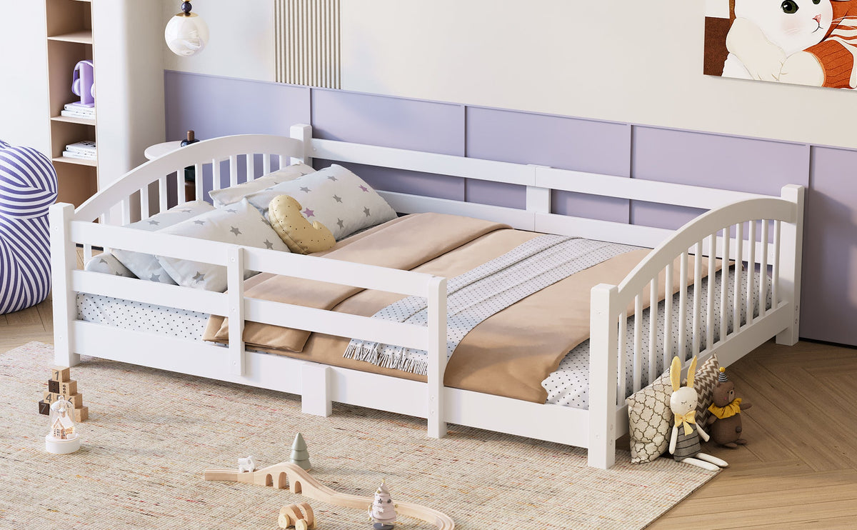 Full Montessori Floor Bed with Slats and Safety Guardrails, Solid Wood Floor Bed with Fence and Without Door, Easy Assemble Montessori Bed for Girls and Boys, Gray