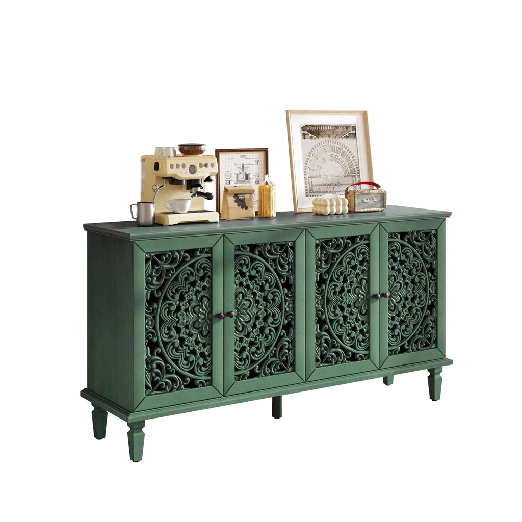 60' Antique Buffet Cabinet with Floral Carvings with Solid Wood Legs&Antique Brass Handles&Adjustable Shelves, TV Stand for 65''+ TV, Sideboard for Living Room,Dining Room (Antique Grey White)