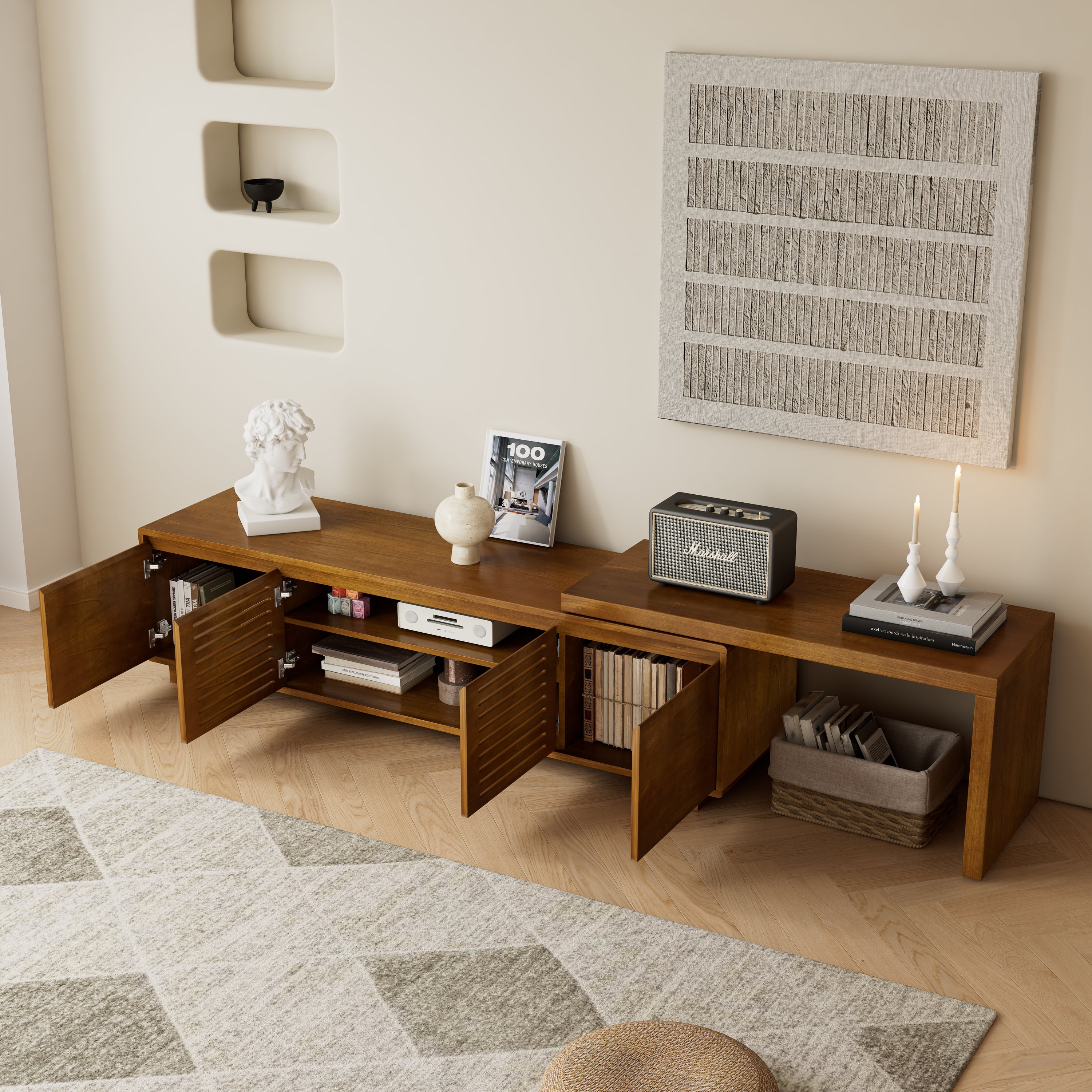 Mid-century extendable TV stand for TVs 55 to 75 inches angle view