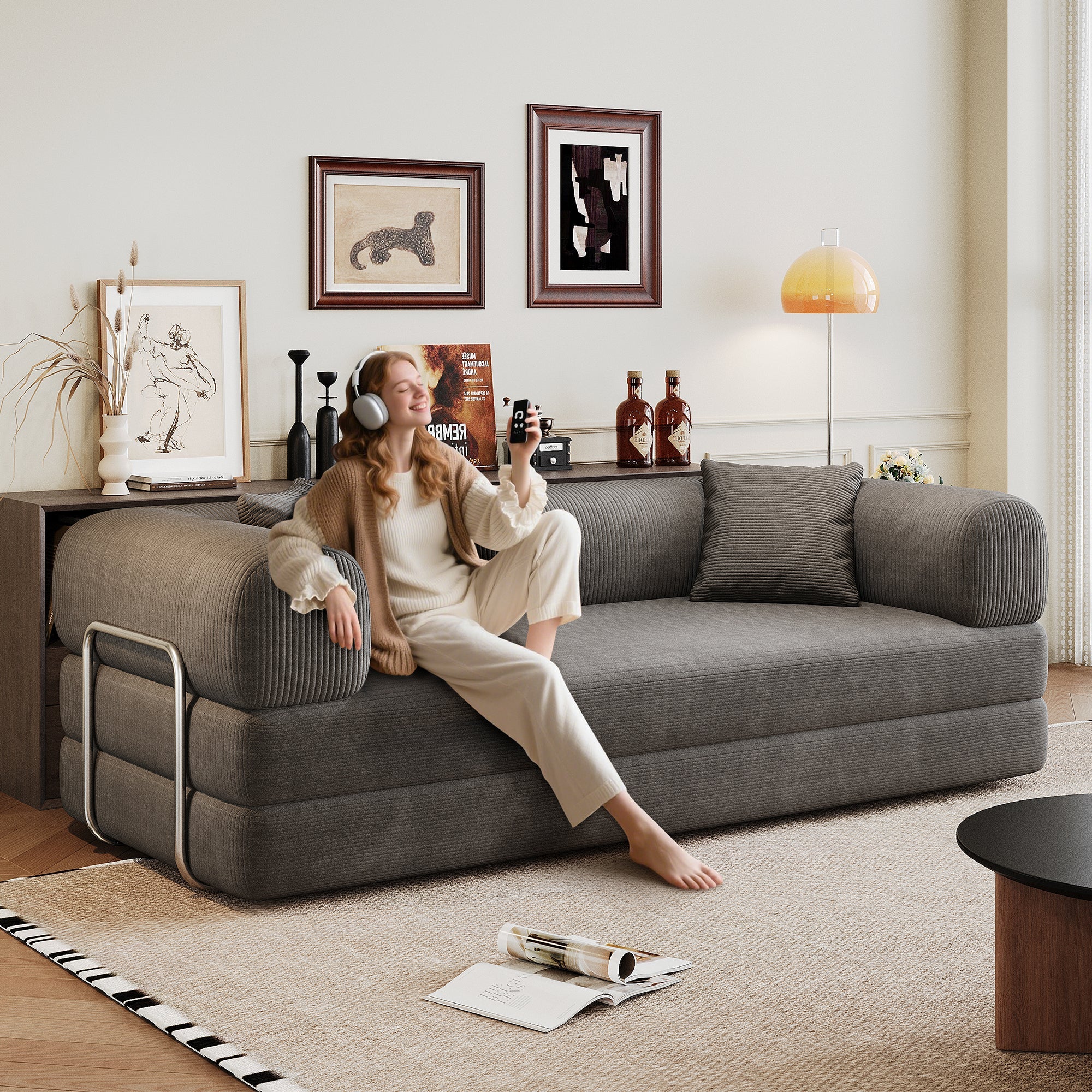 Corduroy Compression Convertible Floor Sofa Bed — Modular Loveseat, 78.8" Wide