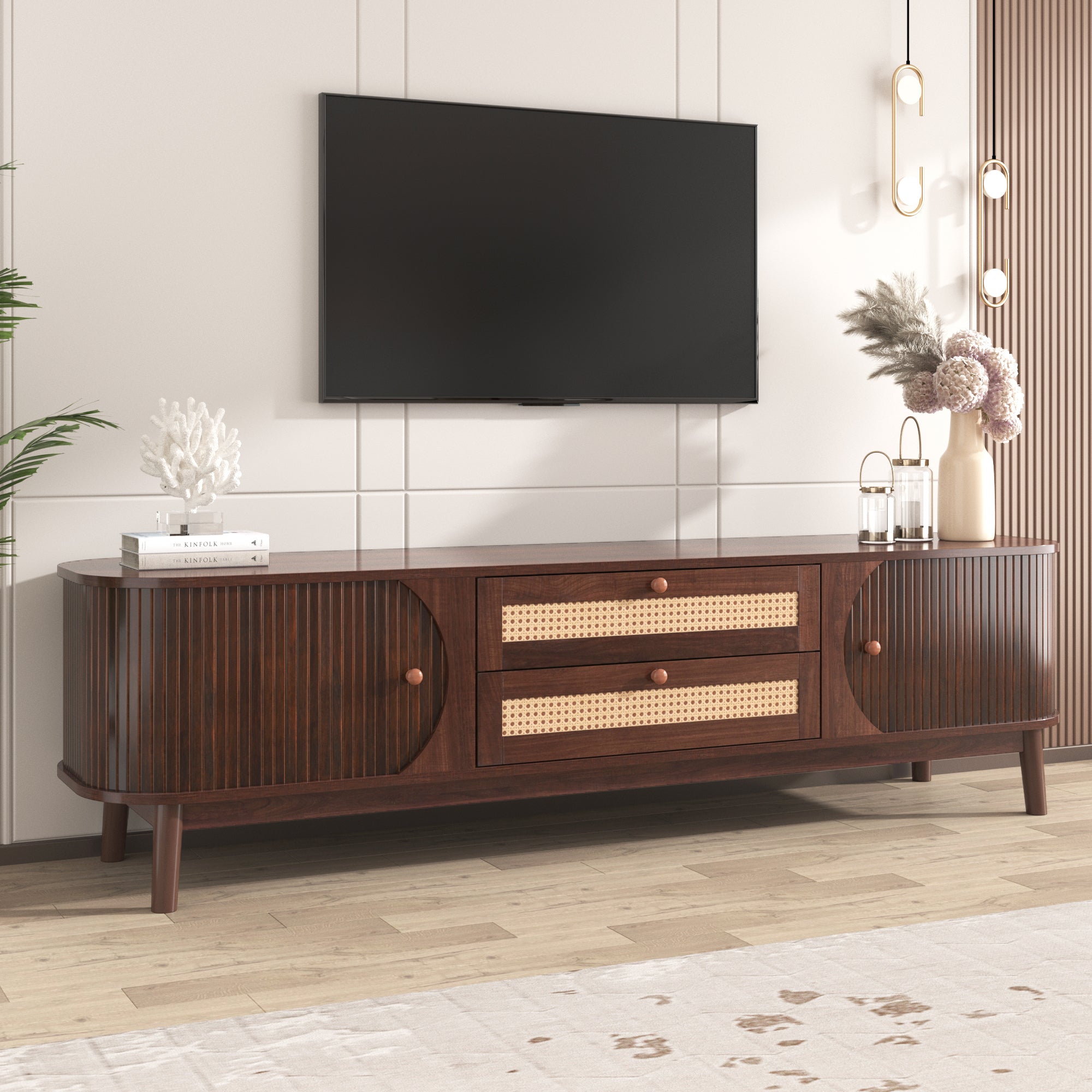 Modern Farmhouse Rattan TV Stand — for TVs Up to 75" (Natural Wood)