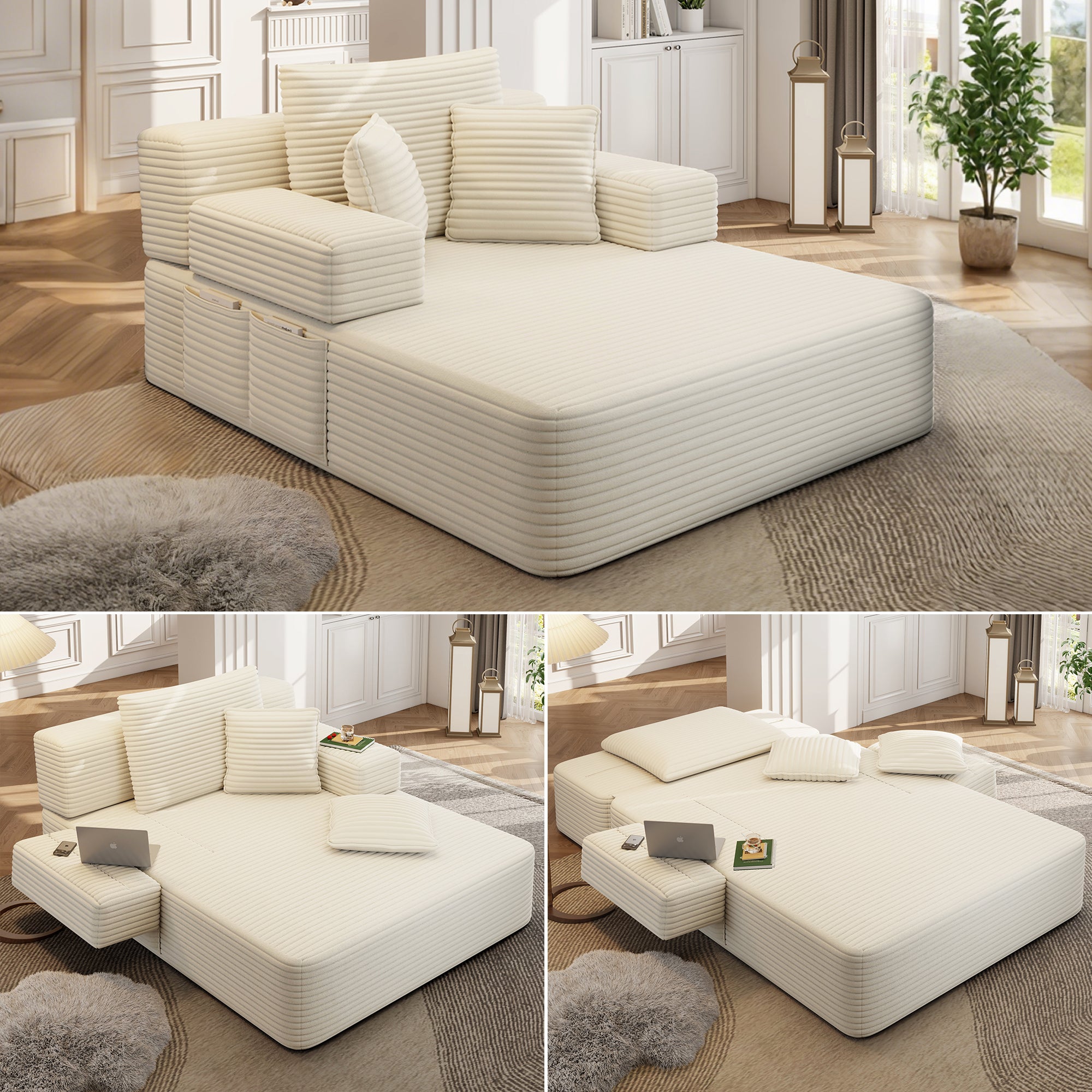 Oversized Plush Corduroy Chaise Lounge Sofa Bed,Convertible Sleeper Couch Bed w/ Storage Pockets,3 Soft Pillows,Multi-Functional Frameless Sofa Couch for Apartment,Home Theater,Guest Room,Beige&White
