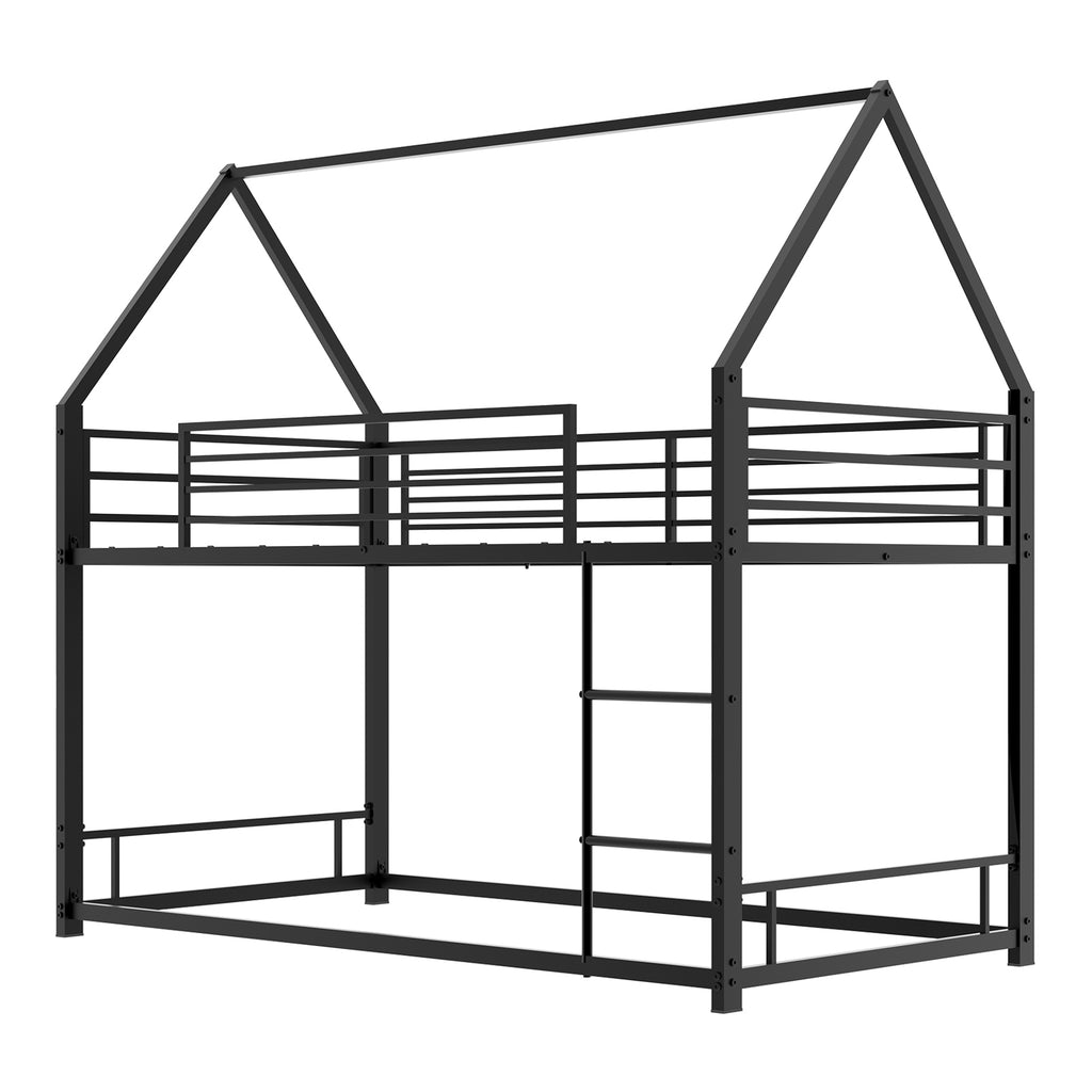 Modern Black Metal Twin over Twin Bunk Bed with Sturdy Iron Frame, Noise-Reduced Design, Safety Guardrails, No Box Spring Needed, 49.21' Low Profile