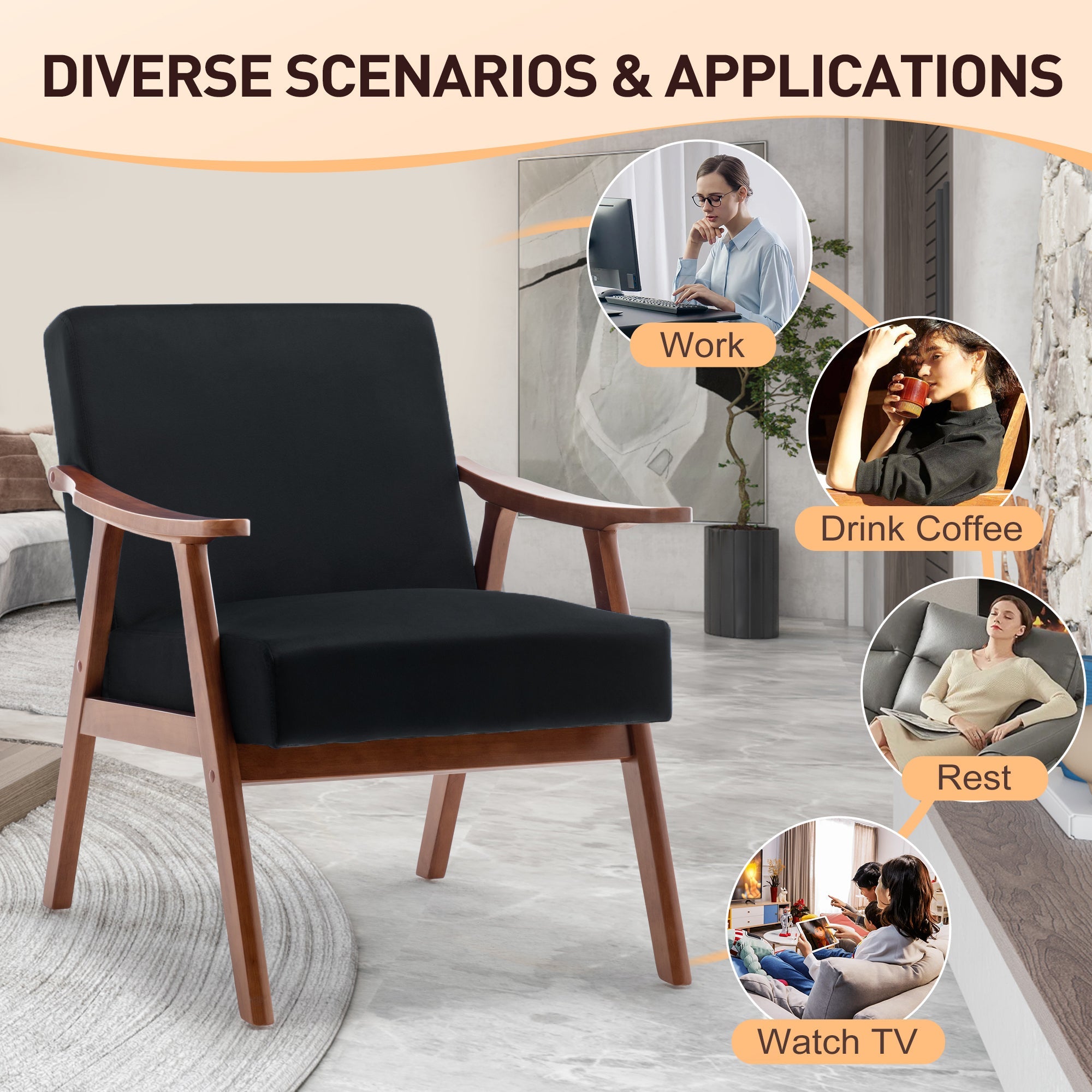 Velvet Mid-Century Wingback Accent Chair — Wood Frame & Thick Backrest