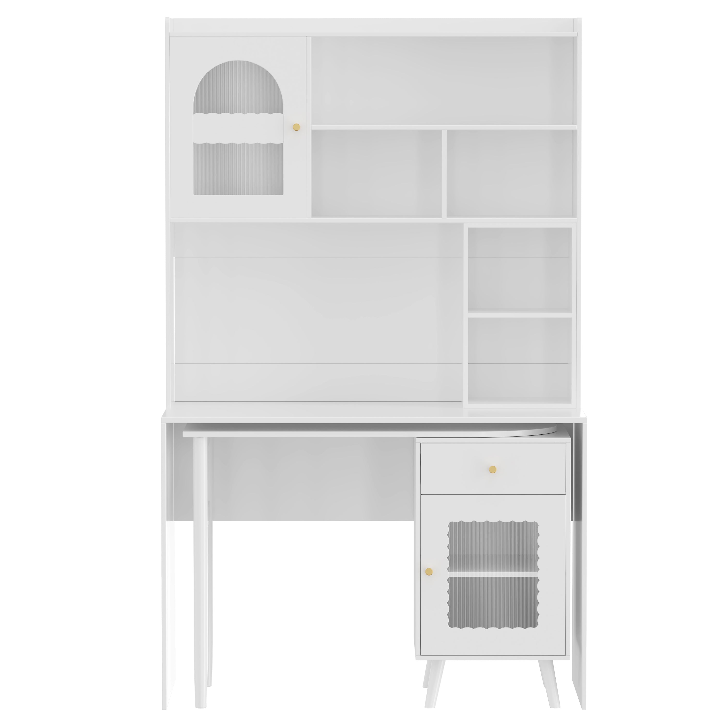 White desk side profile with cabinet and shelf storage