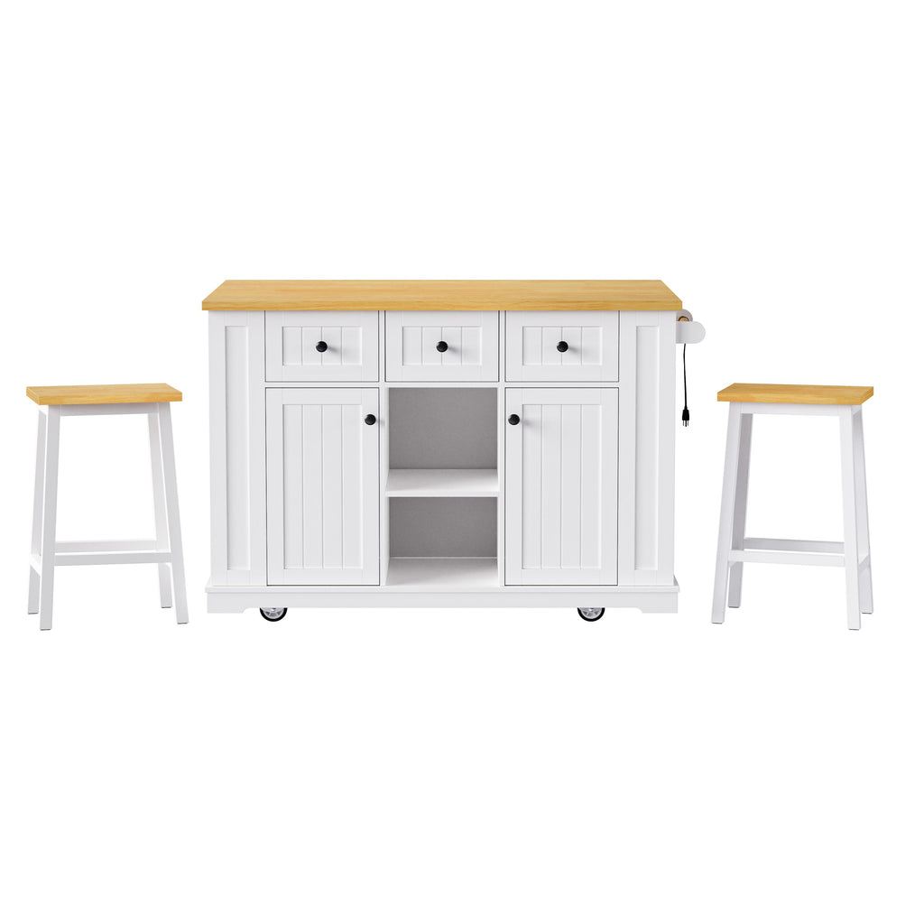 K&K 53inch Large Kitchen Island with 2 Bar Stools, Power Outlet,Door Internal Storage Rack, Kitchen Storage Cart on 5 Wheels with Drop Leaf, 5 Open Side Racks, 3 Drawers,Black (Three Packages)
