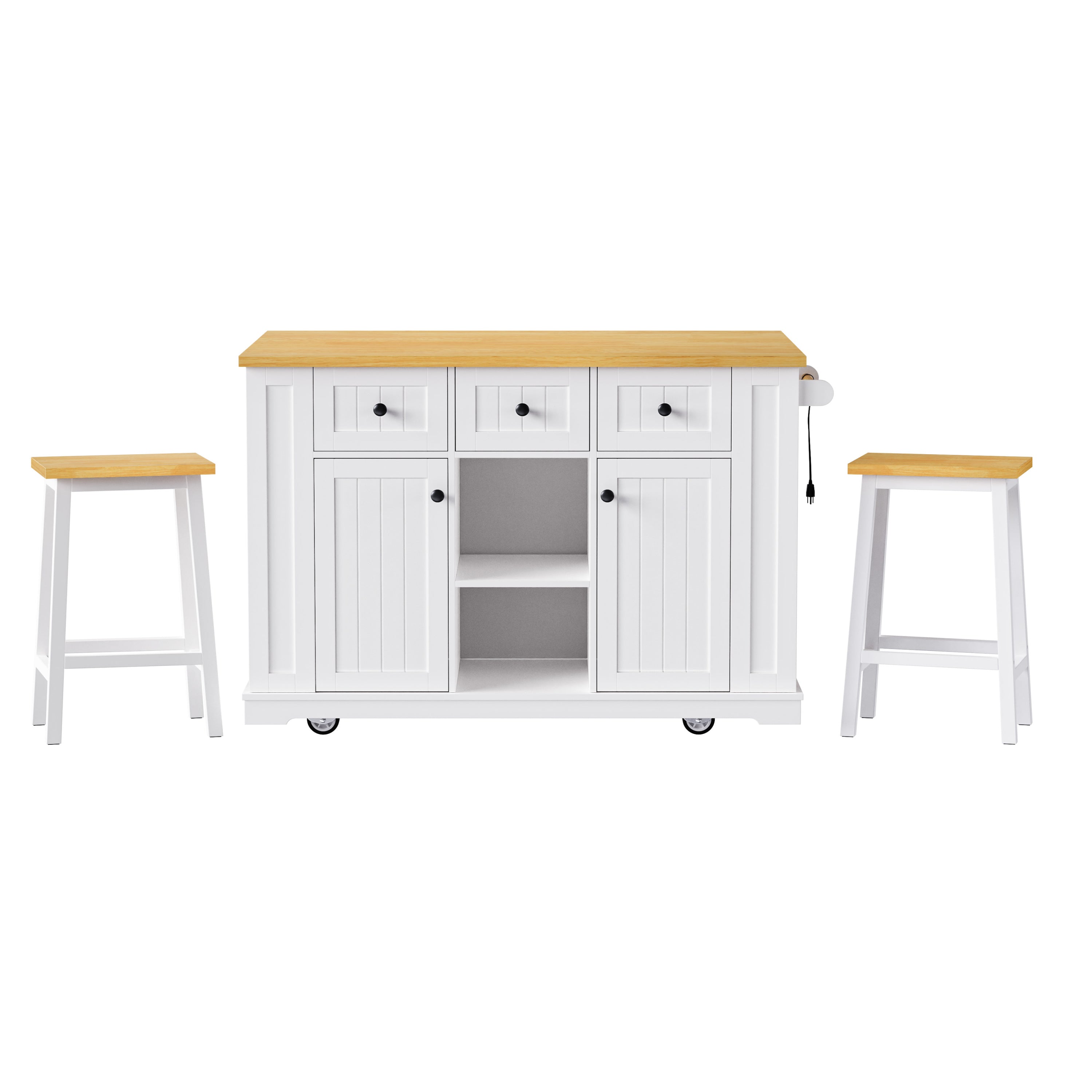 K&K 53inch Large Kitchen Island with 2 Bar Stools, Power Outlet,Door Internal Storage Rack, Kitchen Storage Cart on 5 Wheels with Drop Leaf, 5 Open Side Racks, 3 Drawers,Black (Three Packages)