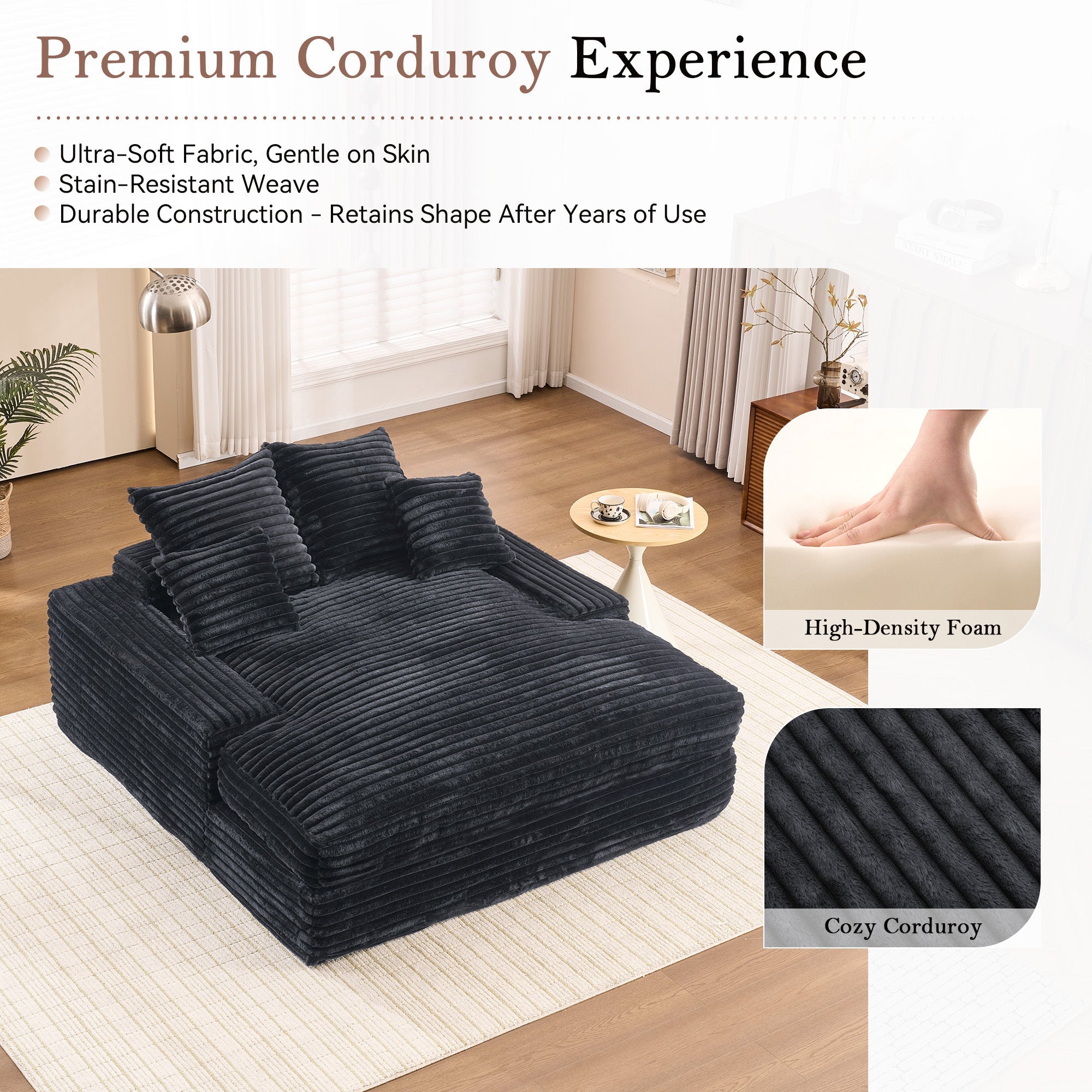 028DR-Oversized chaise Lounge chair, Upholstered Sleeper Sofa Bed with 4 Throw Pillows and Armrests, Corduroy Fabric Plush Lounge Chair Bed for Living Room, Apartment & Small Spaces, Black