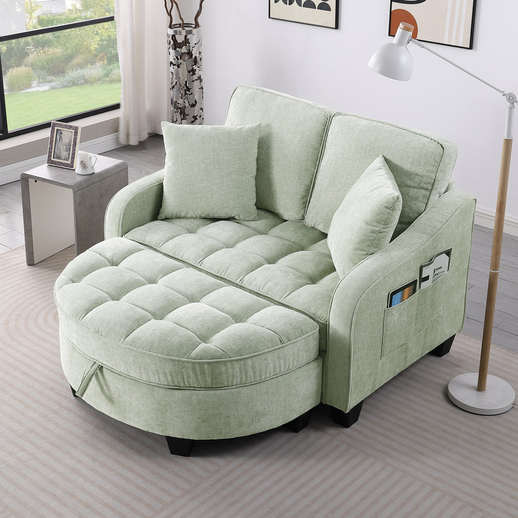 Cyan corduroy 2-seater sofa chaise with storage footrest — front view