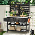 K&K 64.9'H Outdoor Potting Bench Table with Lockable Wheels, Solid Wood Outdoor Kitchen Island with Upper Hutch, Stainless Steel Top, Towel Rack ,Outdoor Storage for Grilling, Lawn Garden -Black