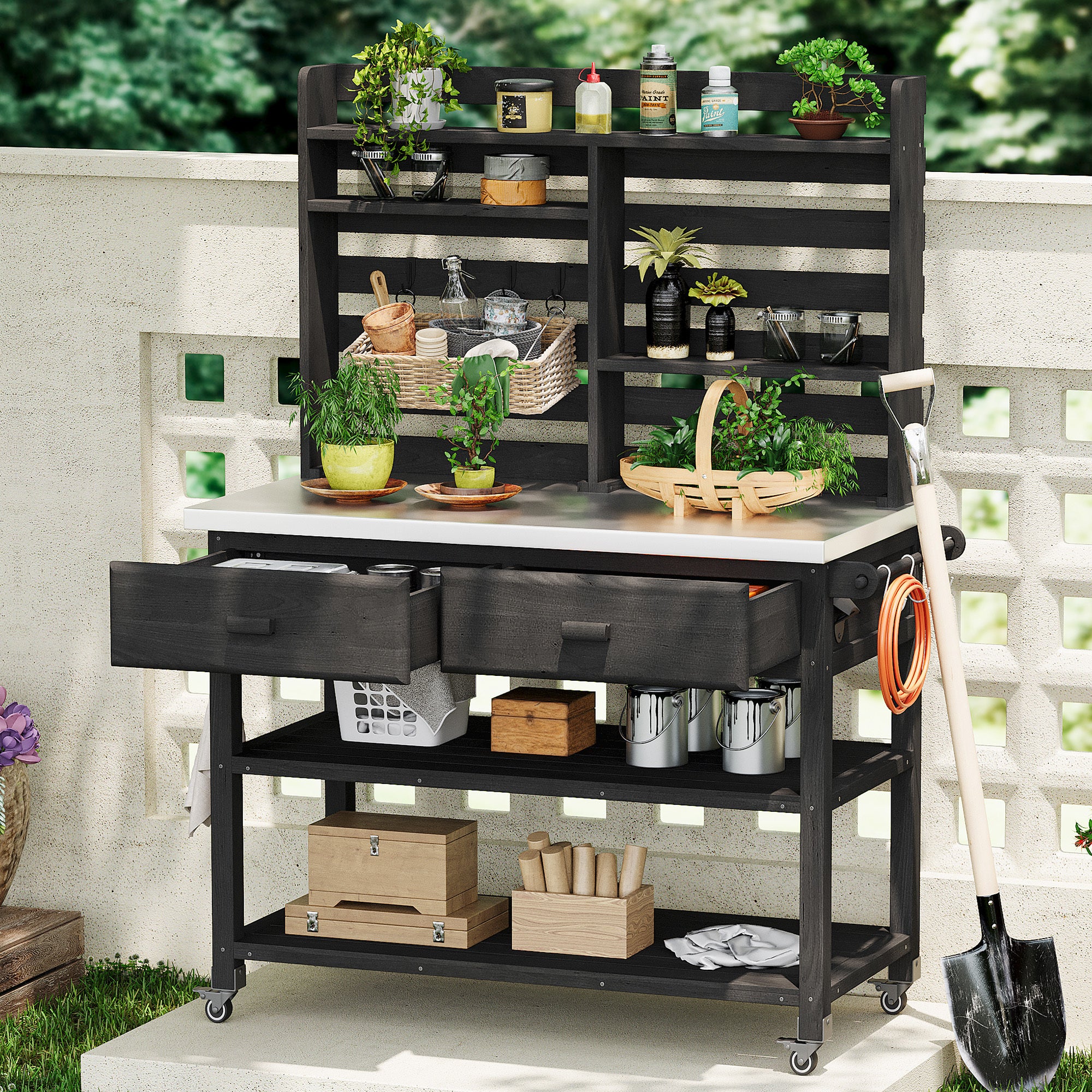K&K 64.9'H Outdoor Potting Bench Table with Lockable Wheels, Solid Wood Outdoor Kitchen Island with Upper Hutch, Stainless Steel Top, Towel Rack ,Outdoor Storage for Grilling, Lawn Garden -Black