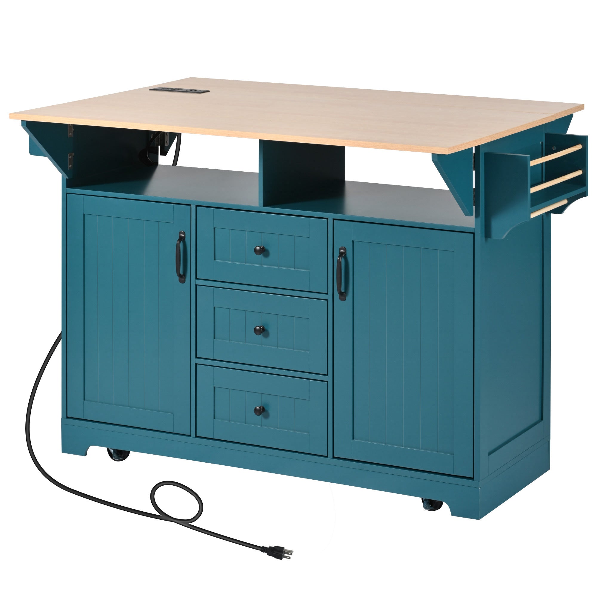 K&K 55.7'' Large Kitchen Island with 2 Drop Leaf,, Rolling Kitchen Cart on 5 Wheels with Power Outlet, Folding Storage Dining Table with Spice & Towel Rack , 3 Drawers, for Kitchen, Dining Room,Black