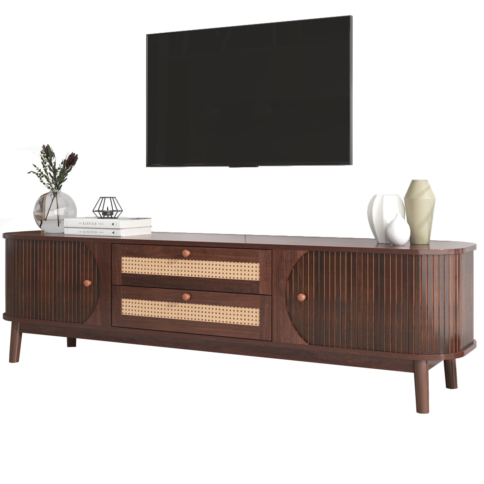 Modern Farmhouse Rattan TV Stand — for TVs Up to 75" (Natural Wood)