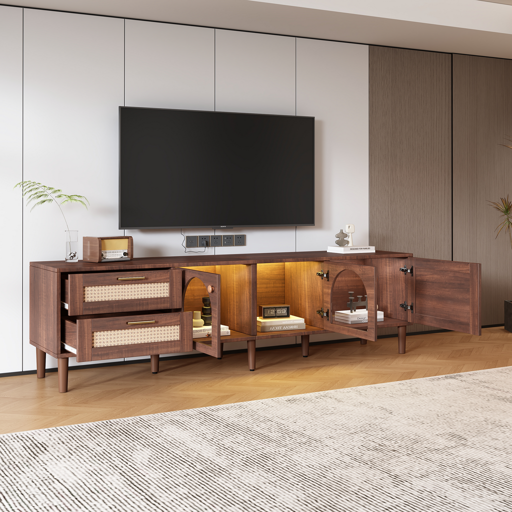 Dark brown TV stand cabinet storage close-up