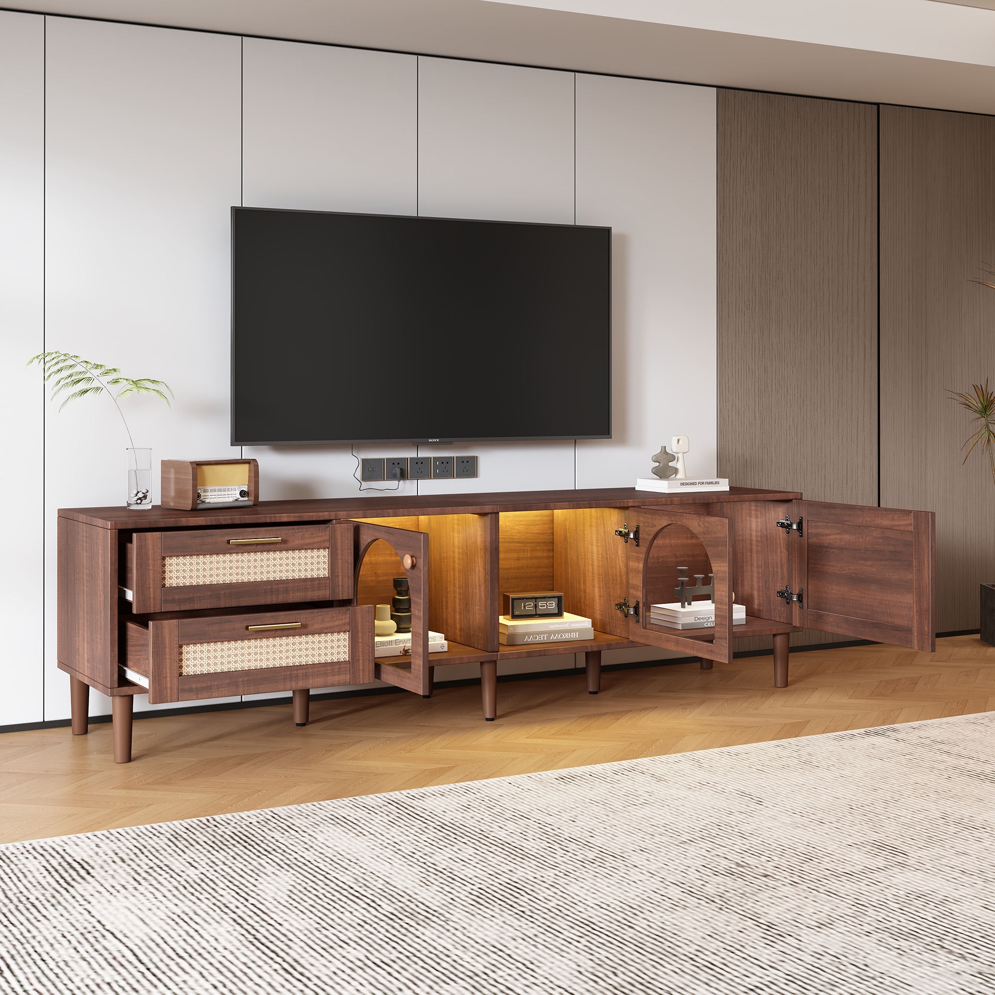 Dark brown TV stand cabinet storage close-up