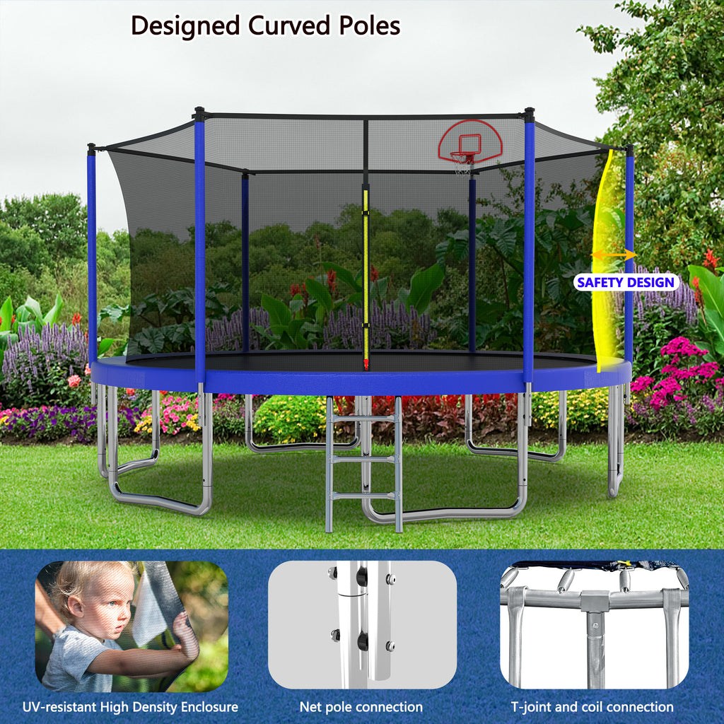 Blue 14-foot recreational trampoline full backyard product display