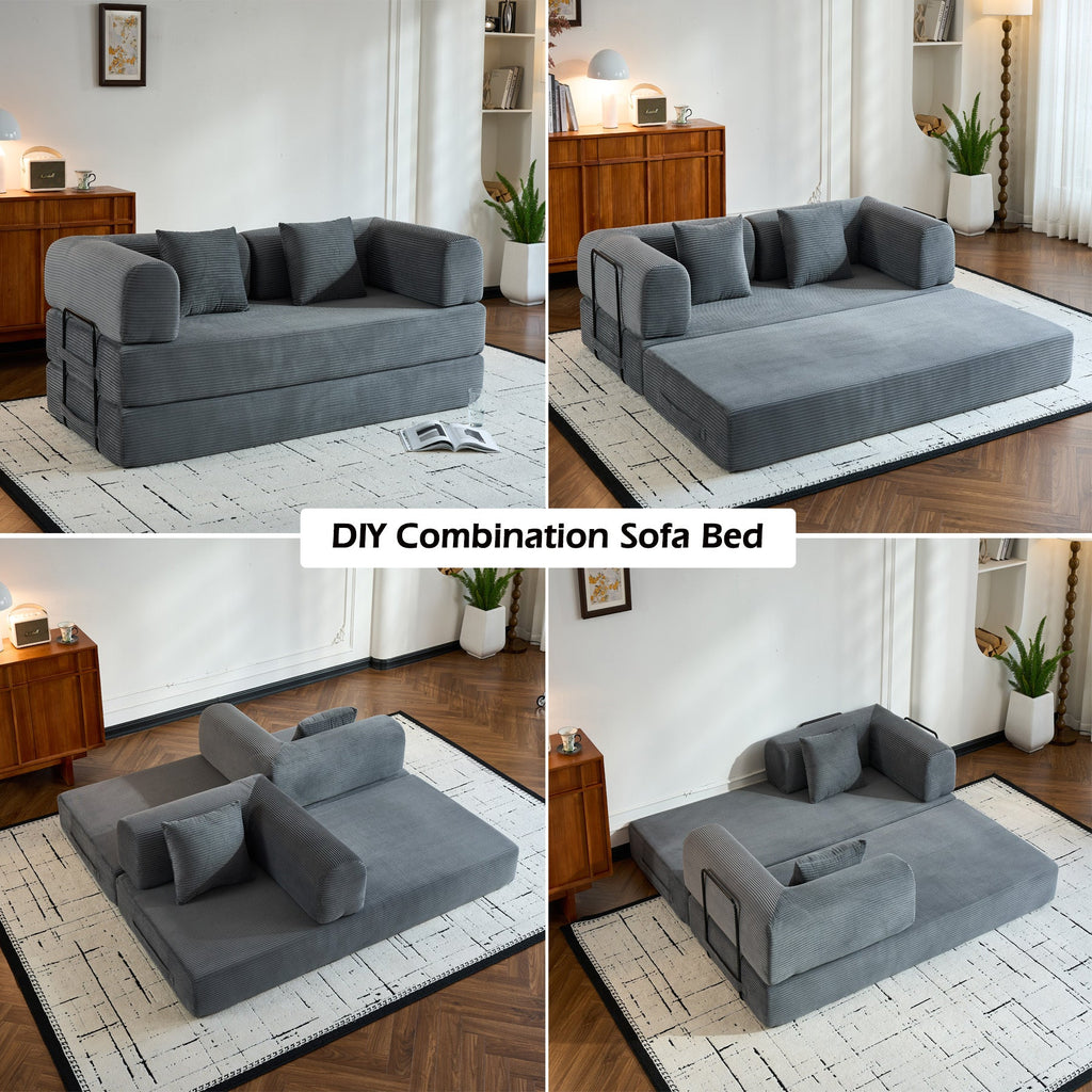 Convertible Sleeper Sofa Bed with Cylindrical Pillow, Corduroy Folding Mattress Couch with Fixed-Shape Frame, Floor Sofa Lounge Couch for Living Room Bedroom Black