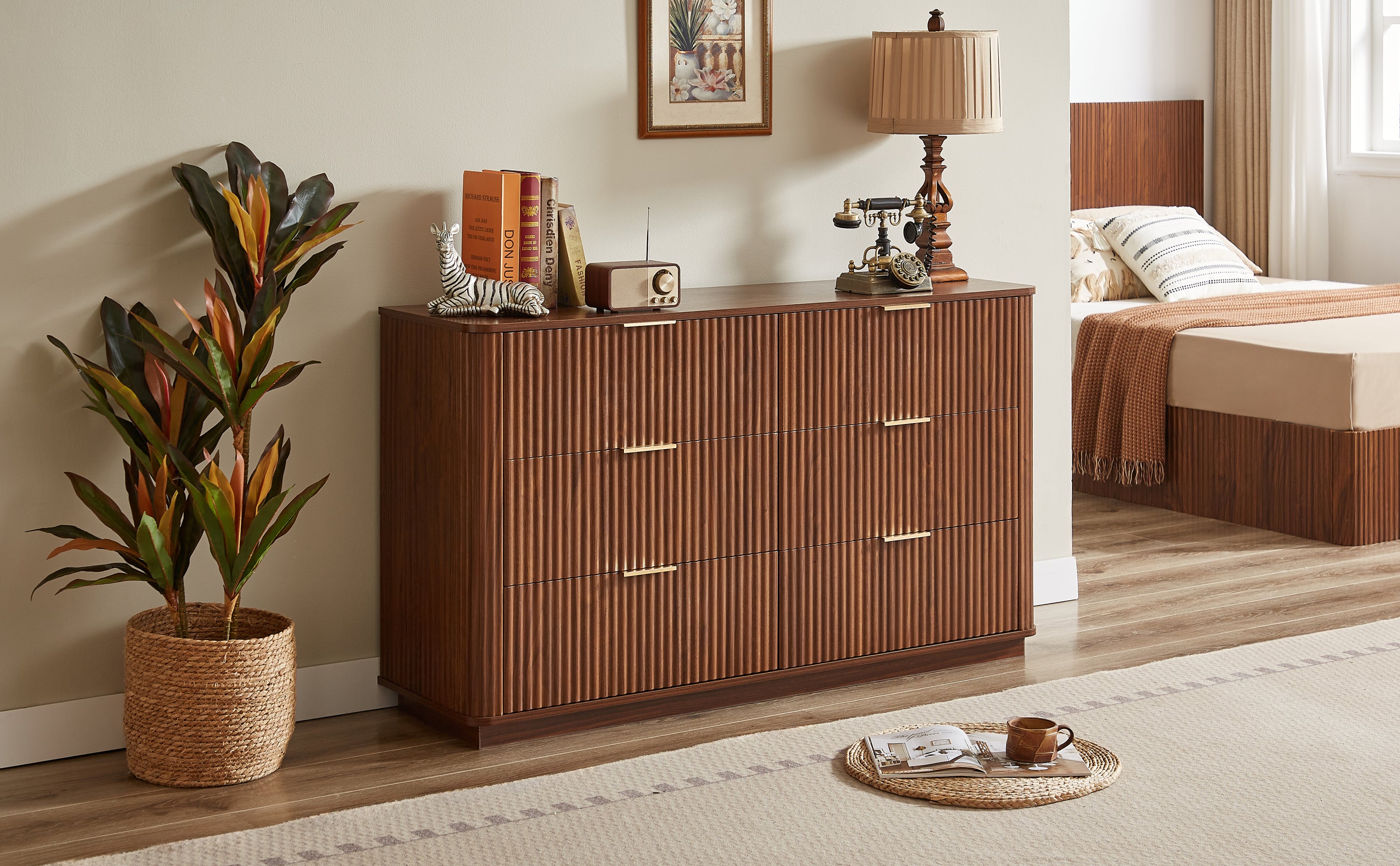 Curved wave design dresser in bedroom setting