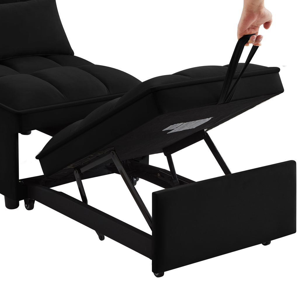 Side storage pockets on black velvet sofa bed