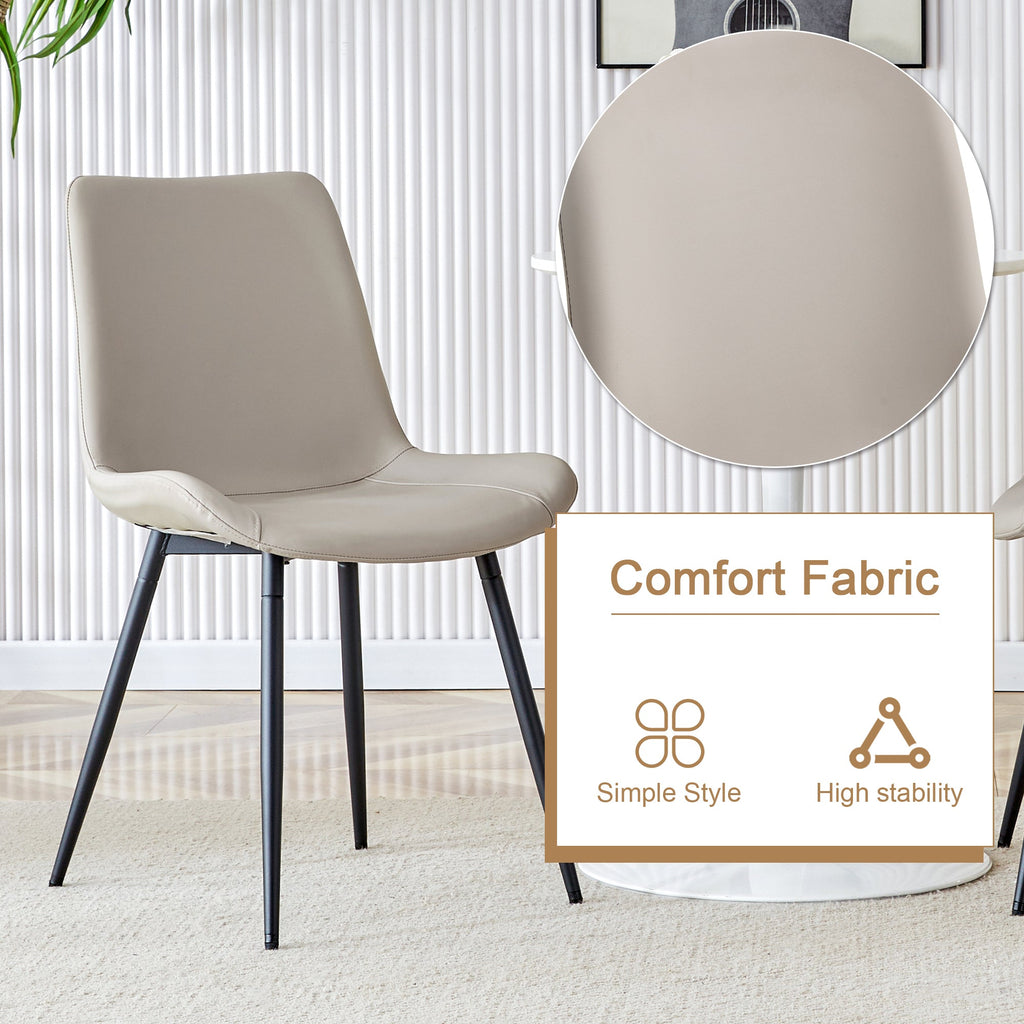 Table and chair set.42 inch modern minimalist brown wood grain round dining table set.Paired with 6 Black Artificial PU Chairs With Curved Widened Cushion Design. Suitable for dining rooms,office,etc.