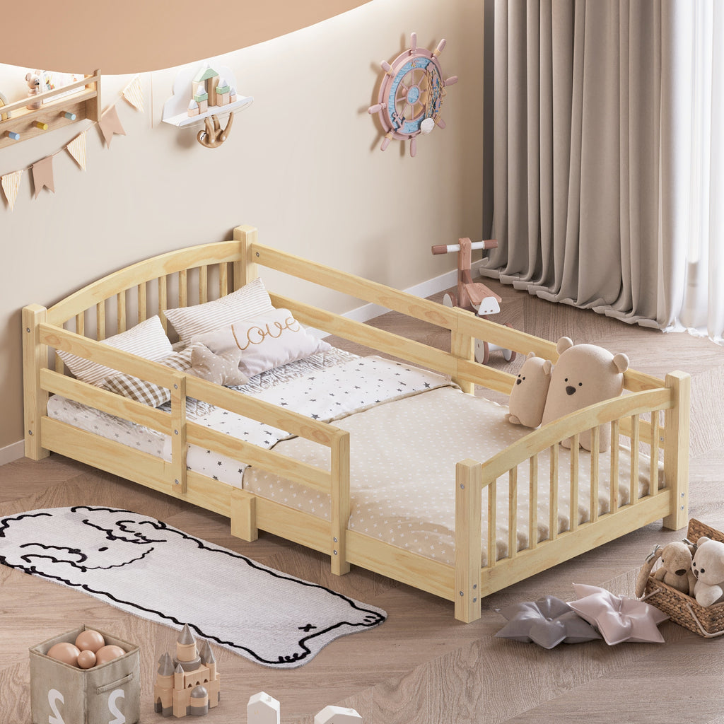 Twin Montessori Floor Bed with Slats and Safety Guardrails, Solid Wood Floor Bed with Fence and Without Door, Easy Assemble Montessori Bed for Girls and Boys, Gray