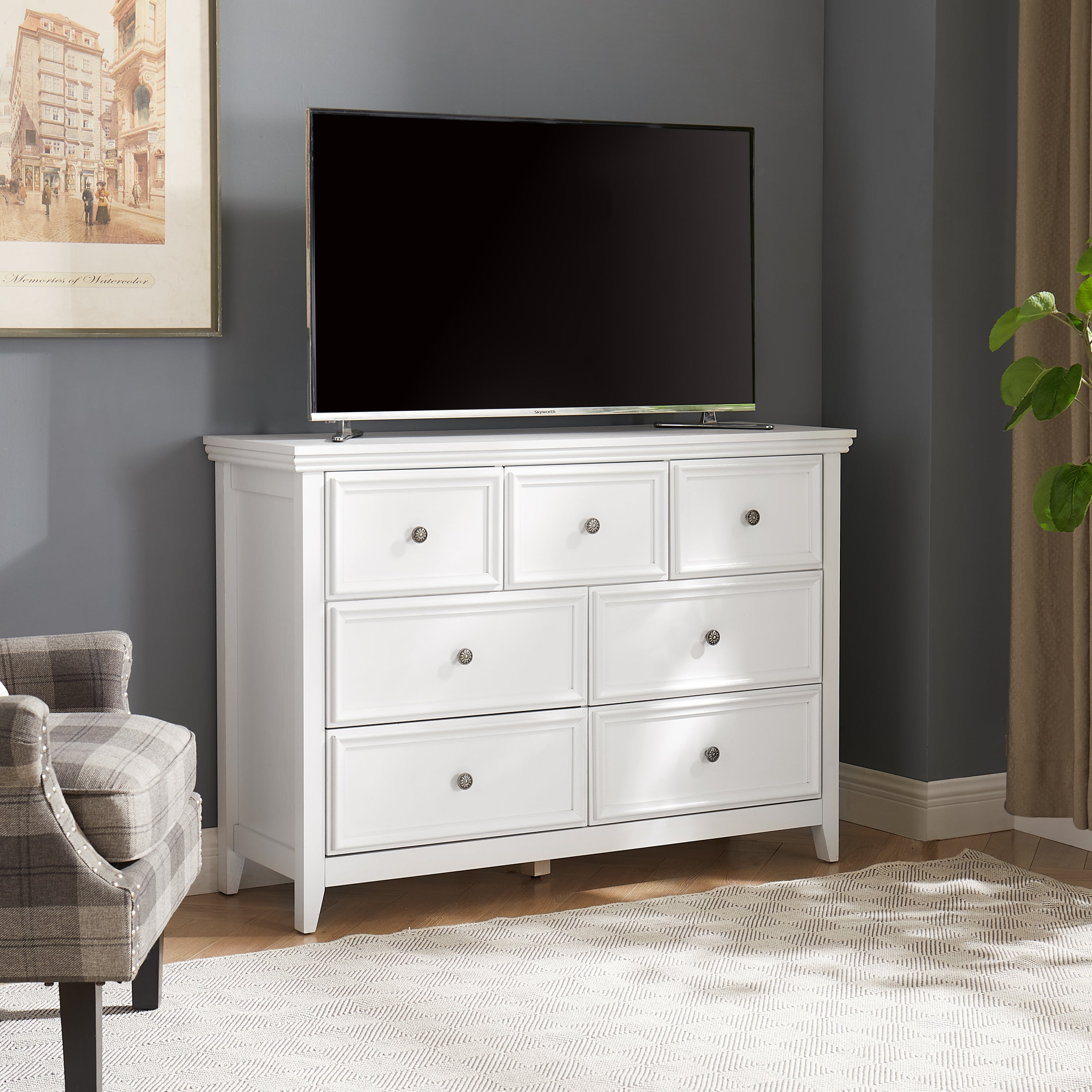 Modern 7-drawer chest of drawers white finish full view