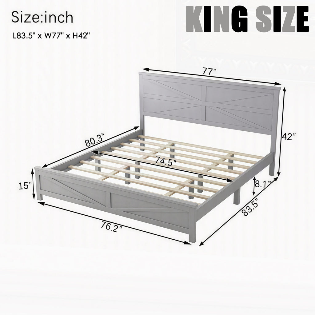 Farmhouse Style King Size Bed with Barn Door Designed Headboard and Footboard, Pinewood Bed with Strengthened Bed Frame,White
