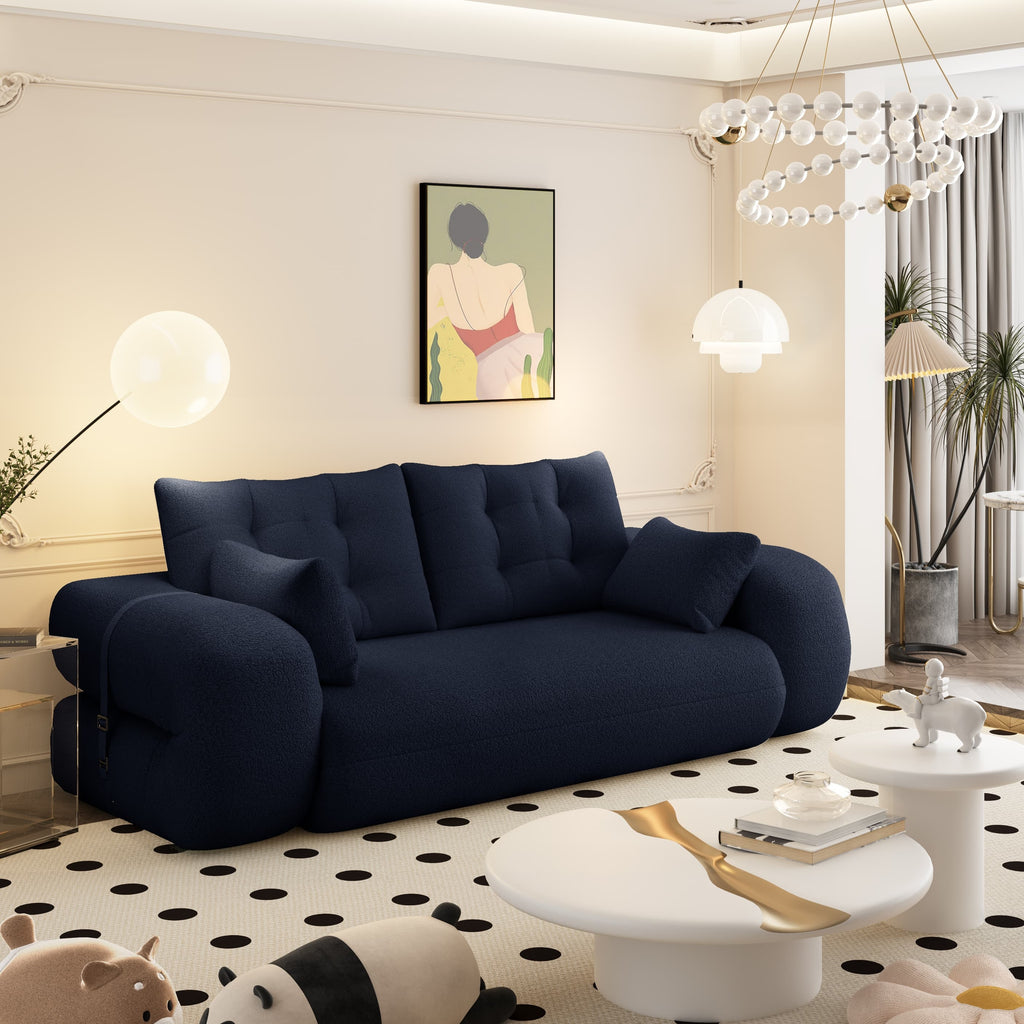 Dark blue sherpa fleece foldable sofa bed — front view