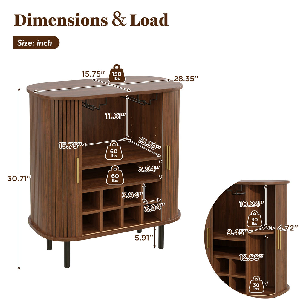 28' Fluted Wine Bar Cabinet with 8-Grid Wine Rack, 5-Level Adjustable Shelves, 2 Glass Holders, Smoothly Sliding Tambour Doors, 4 Hidden Storage Space on the Side, Modern Liquor Coffee Station, Black