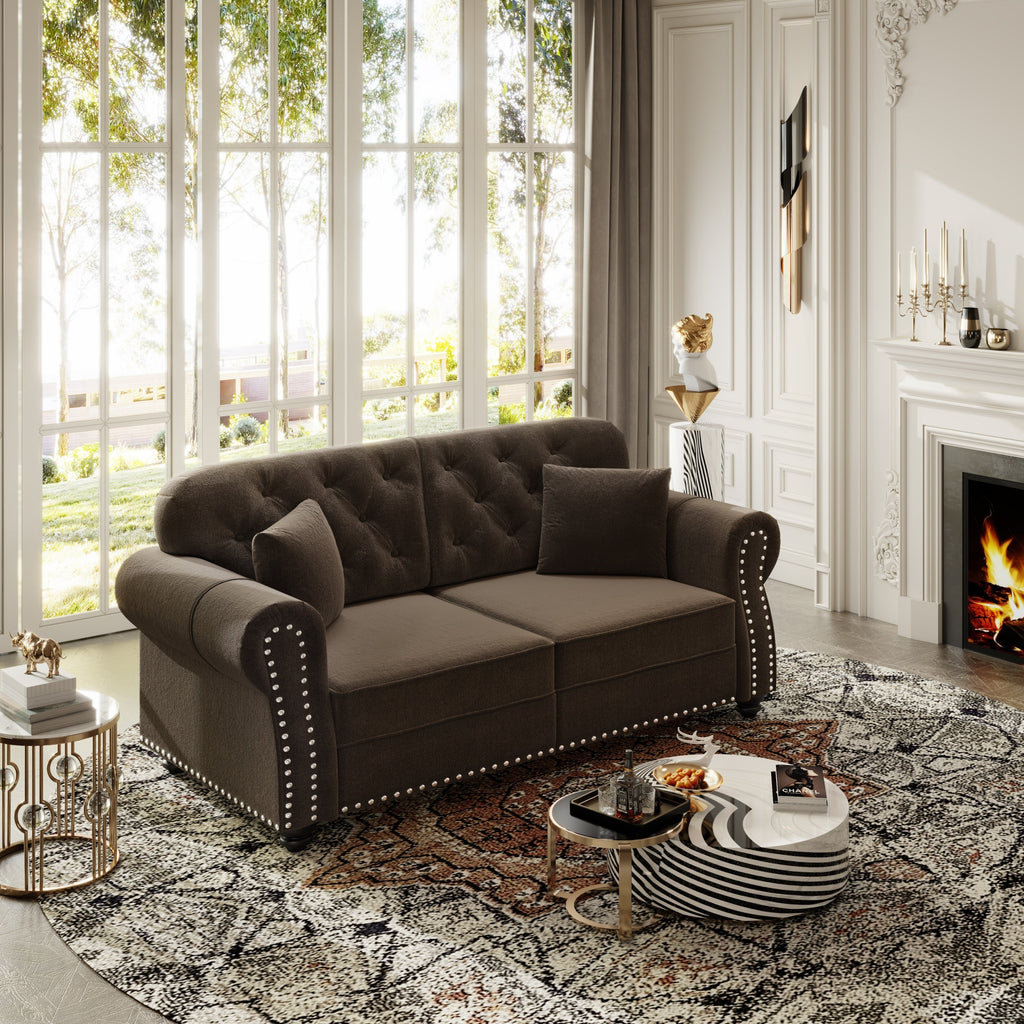 63'Upholstered Velvet Sofa with Nailhead Trim and Rolled Armrests,Mid-Century Modern Chesterfield Sofa with Button Tufted,Includes 2 Pillows,Beige/White
