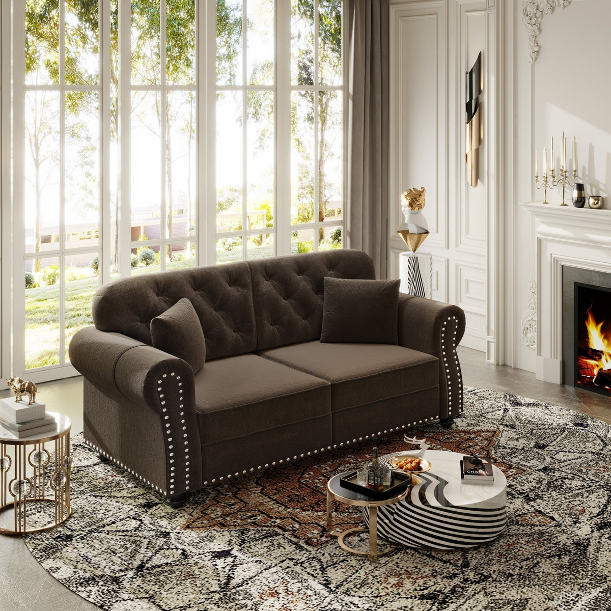 63'Upholstered Velvet Sofa with Nailhead Trim and Rolled Armrests,Mid-Century Modern Chesterfield Sofa with Button Tufted,Includes 2 Pillows,Beige/White