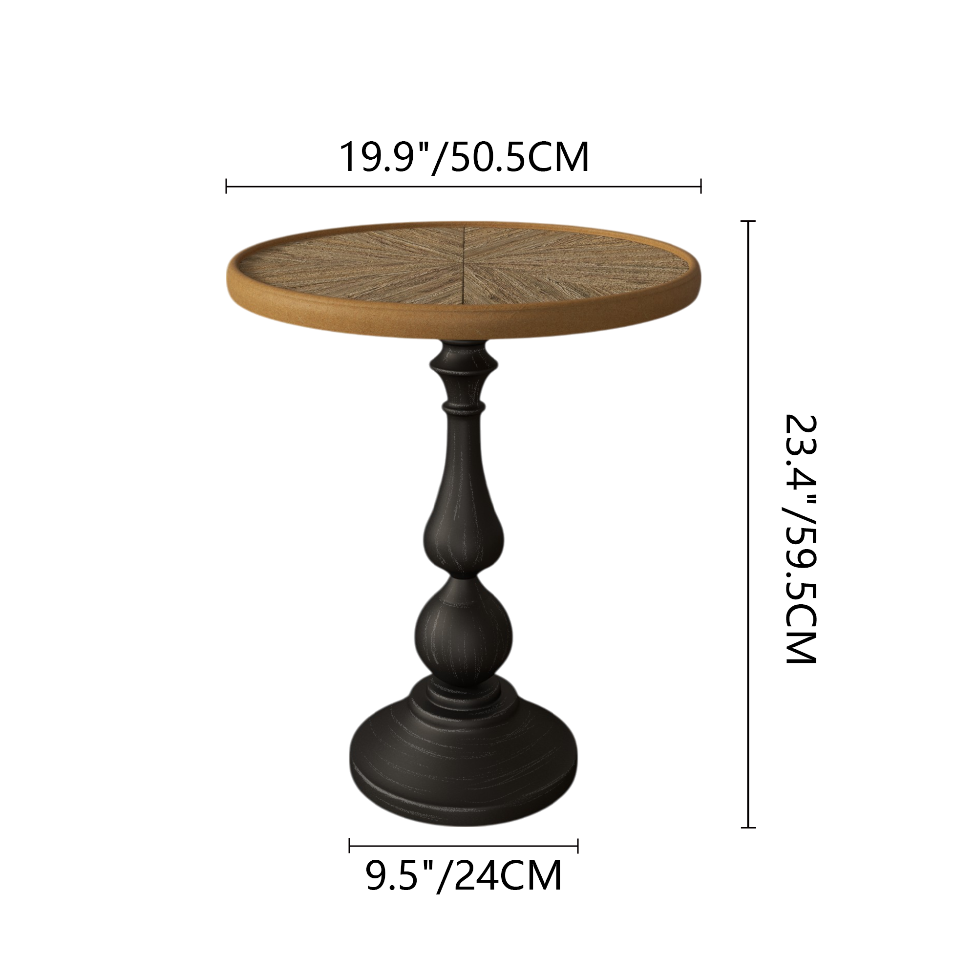 French country round end table in living room beside sofa