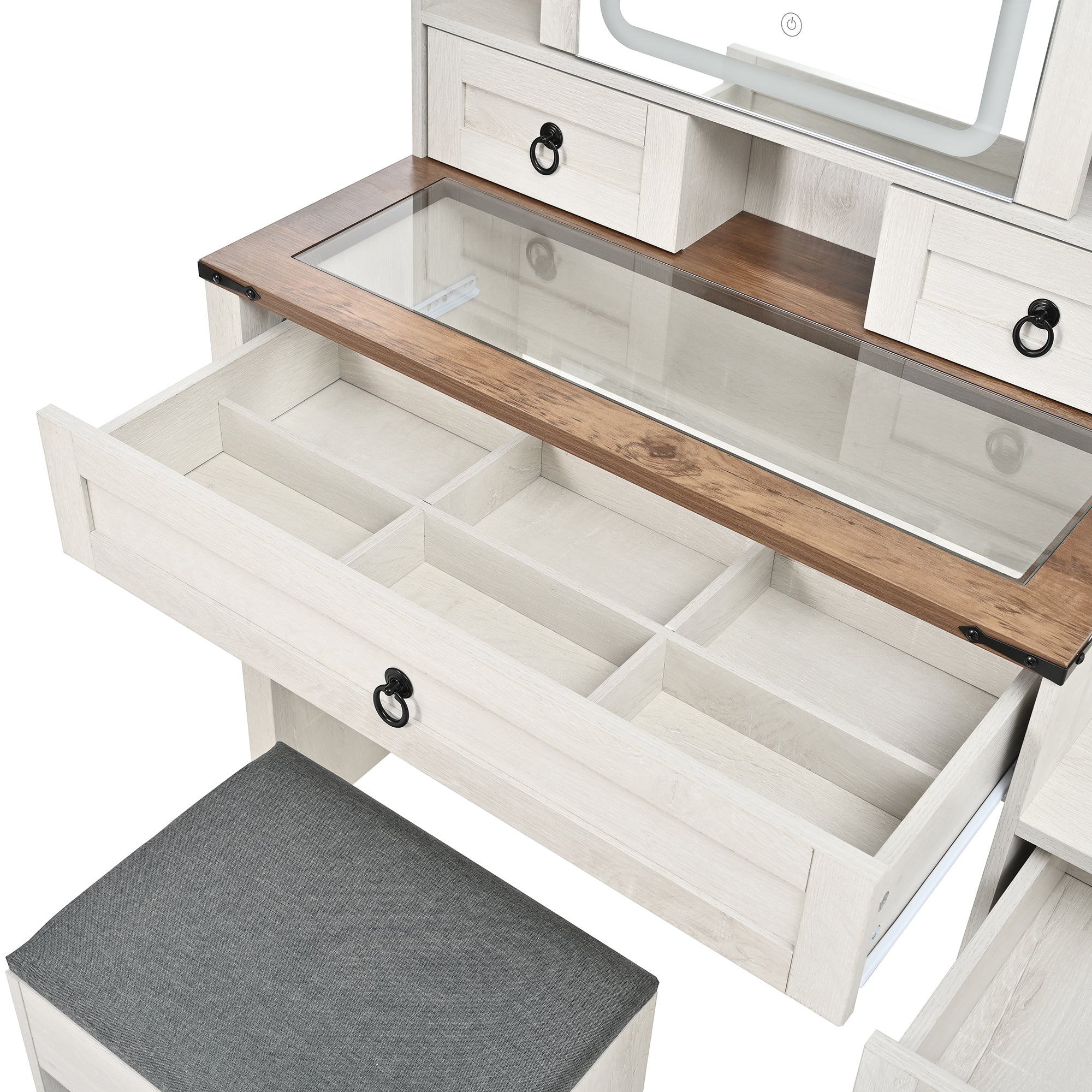Farmhouse Vanity Desk with Sliding Mirror and Lights, Vanity Set with Glass Top and Charging Station ,Dressing Table with 4 Drawers and 2 Cabinets, Dressing Table with Stool for Bedroom, Gray