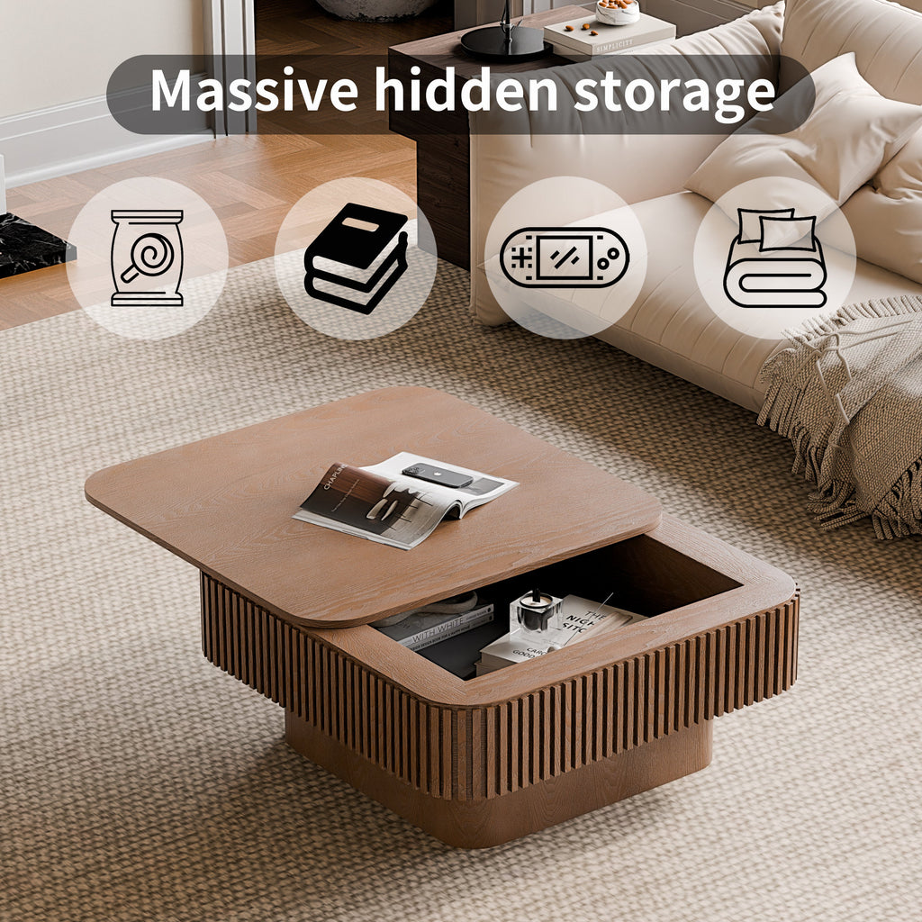 31.5'' Square Coffee Table with Storage Solid Wood Veneered Modern Coffee Table Accent Tea Table for Living Room, Bedroom, Apartment or Office, Natural Wood