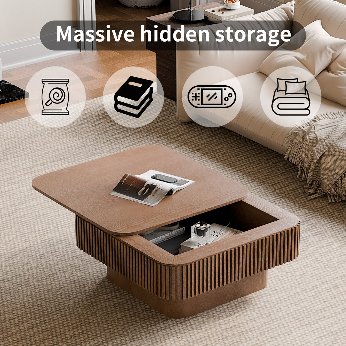 31.5'' Square Coffee Table with Storage Solid Wood Veneered Modern Coffee Table Accent Tea Table for Living Room, Bedroom, Apartment or Office, Natural Wood