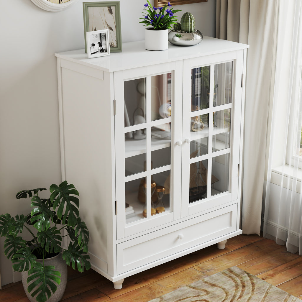 White buffet cabinet interior adjustable shelf view