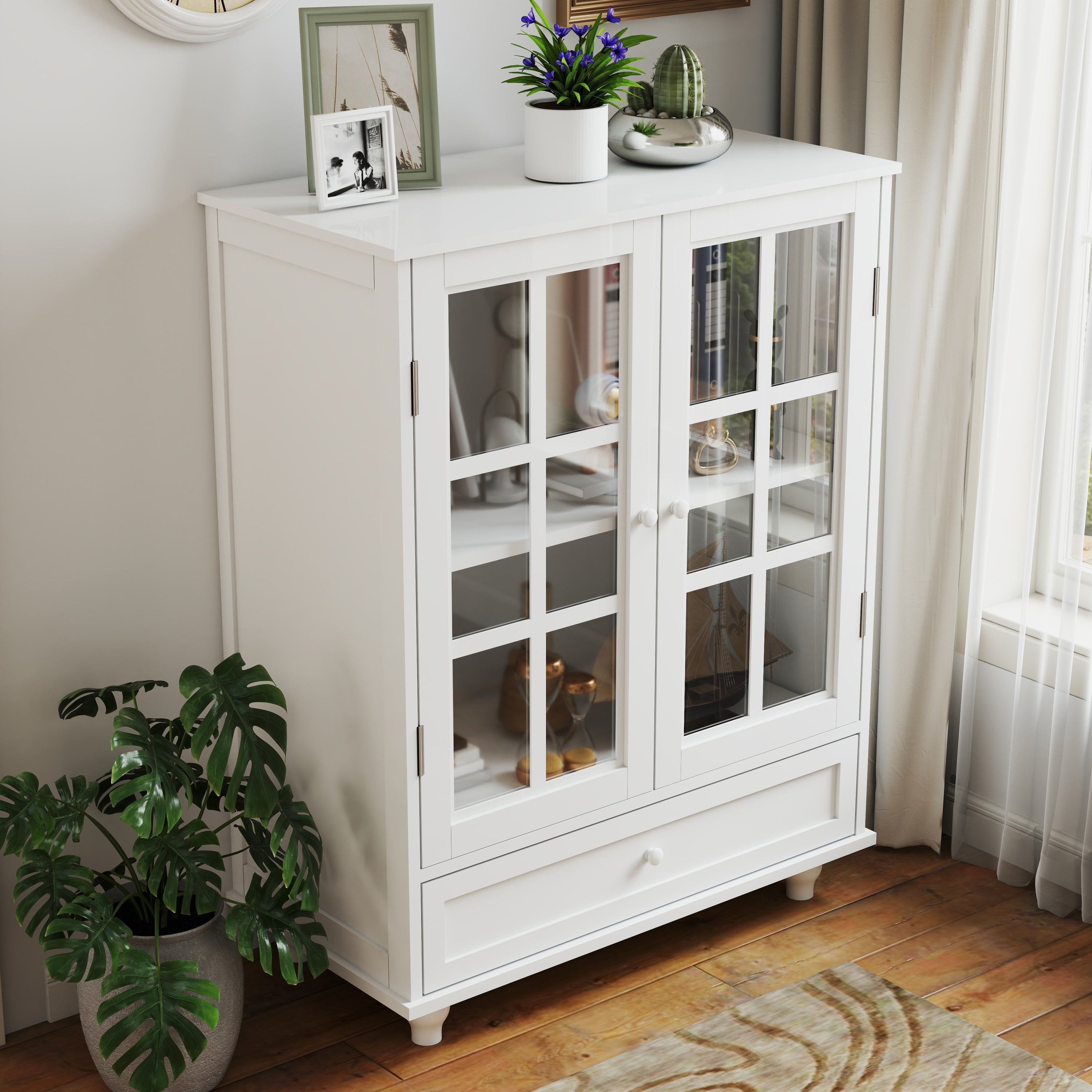 White buffet cabinet interior adjustable shelf view