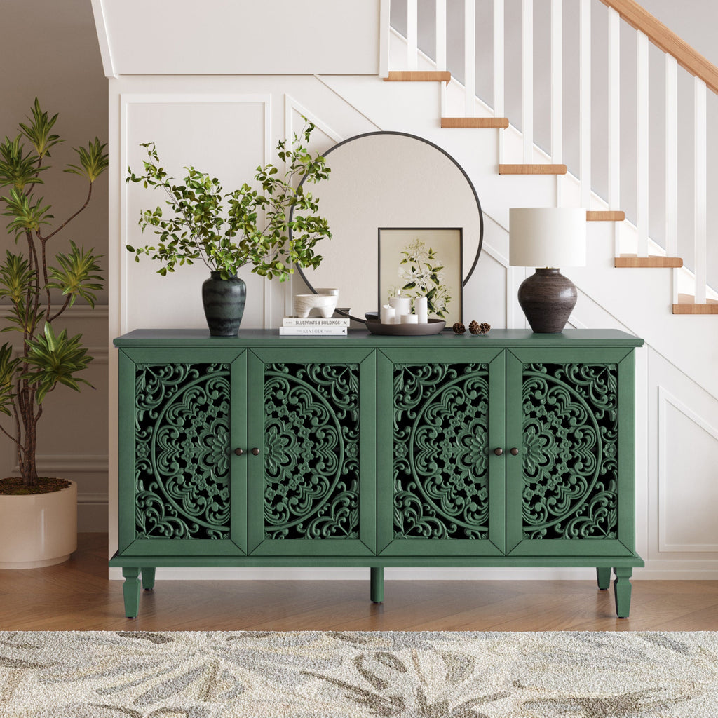 60' Antique Buffet Cabinet with Floral Carvings with Solid Wood Legs&Antique Brass Handles&Adjustable Shelves, TV Stand for 65''+ TV, Sideboard for Living Room,Dining Room (Antique Grey White)