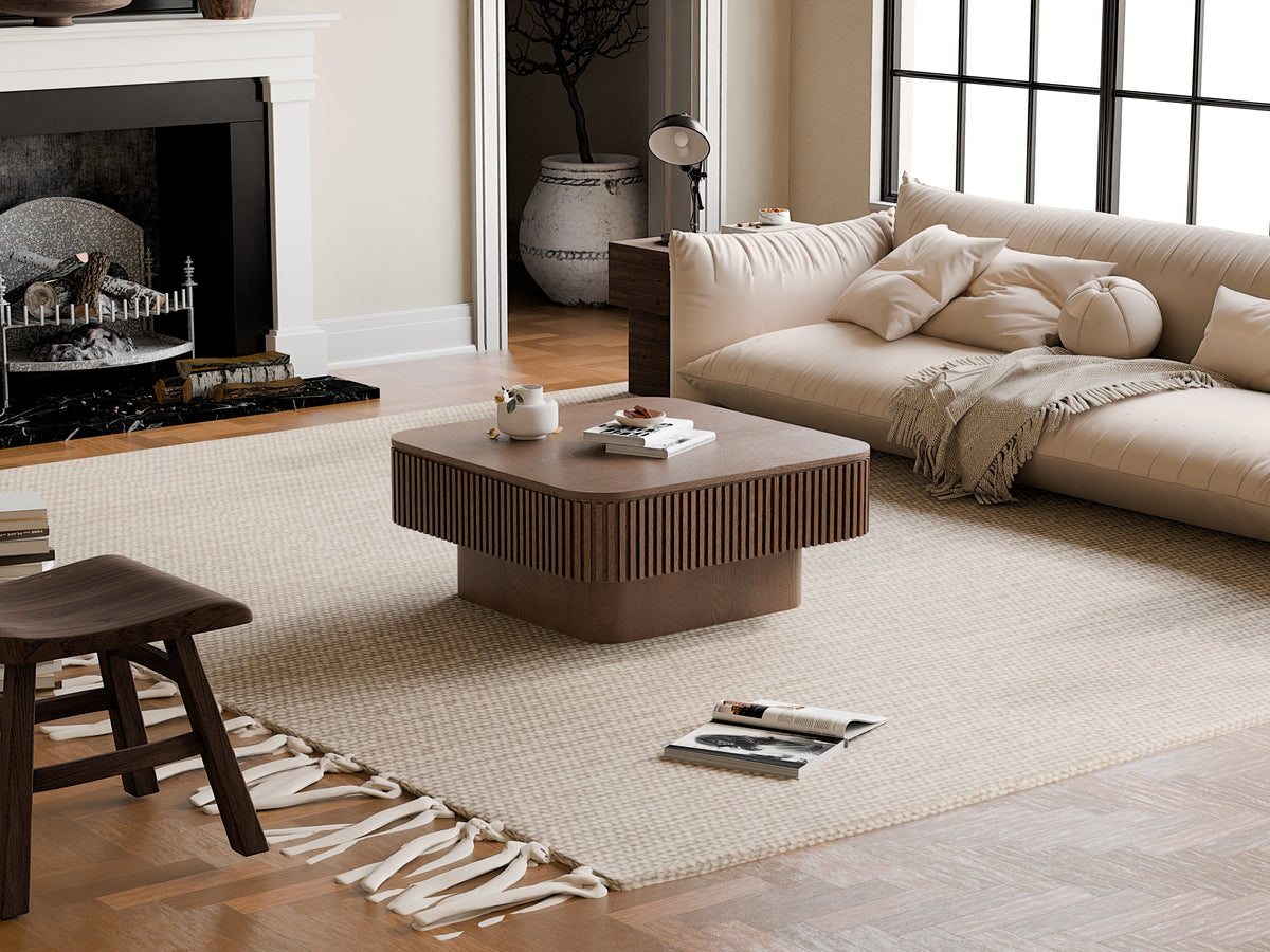 31.5'' Square Coffee Table with Storage Solid Wood Veneered Modern Coffee Table Accent Tea Table for Living Room, Bedroom, Apartment or Office, Natural Wood