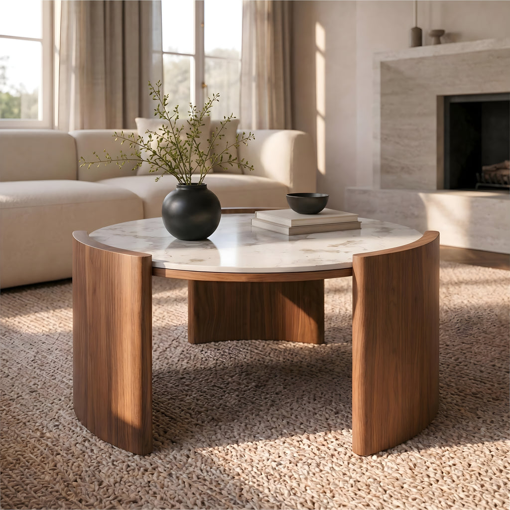 Luxury Round Sintered Stone Coffee Table, 31.5-Inch Pandora Marble Look Center Table with Thick Walnut Slab Legs, Elegant Circular Cocktail Table for Italian Modern Living Room