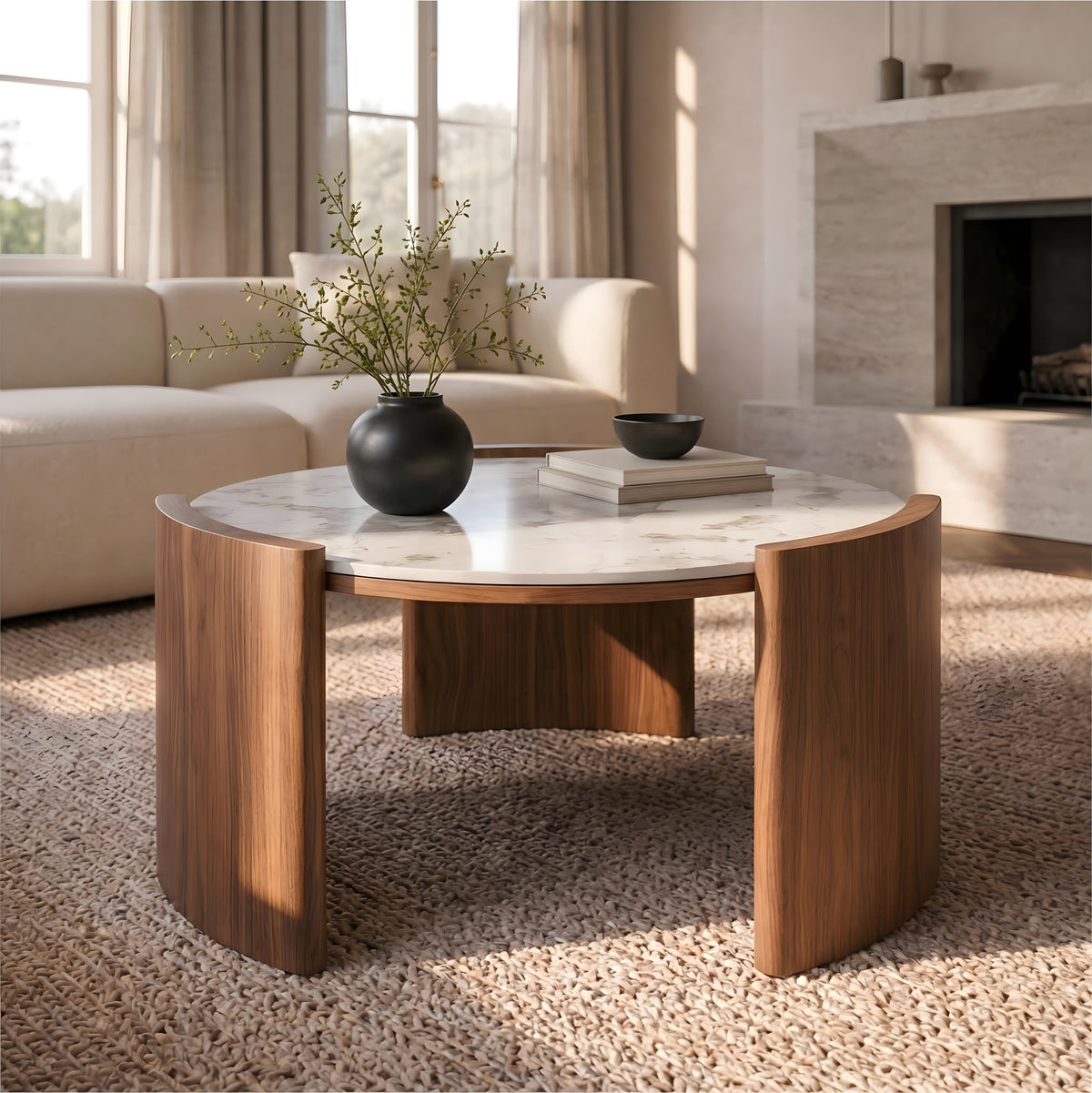 Luxury Round Sintered Stone Coffee Table, 31.5-Inch Pandora Marble Look Center Table with Thick Walnut Slab Legs, Elegant Circular Cocktail Table for Italian Modern Living Room