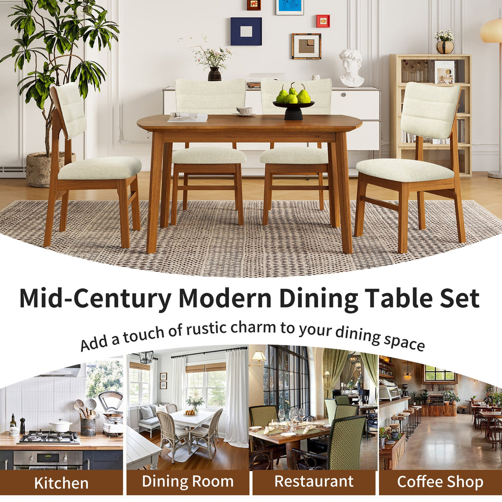 Farmhouse Dining Table Set for 4, Wood Kitchen Table & 4 Upholstered Chairs with Sturdy Rubber Wood Frame, Padded Seat, Curved Backrest, Space-Saving Dinette Set for Dining Room, Brown+Gray