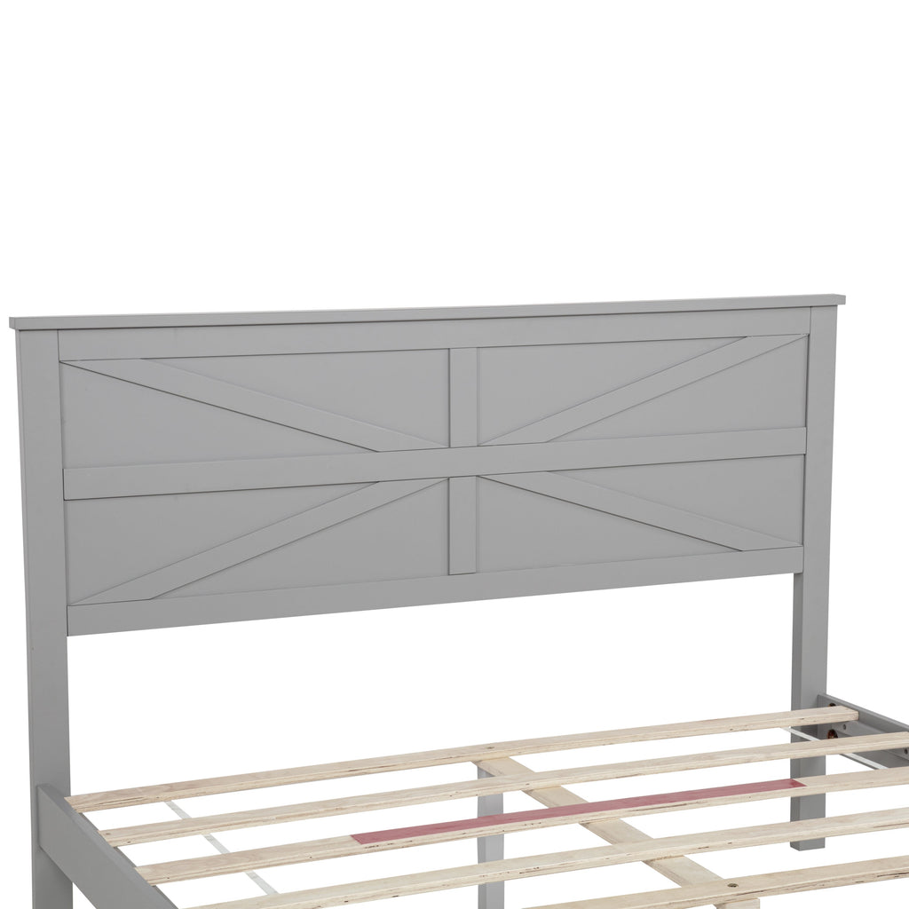 Farmhouse Style Queen Size Bed with Barn Door Designed Headboard and Footboard, Pinewood Bed with Strengthened Bed Frame ,White