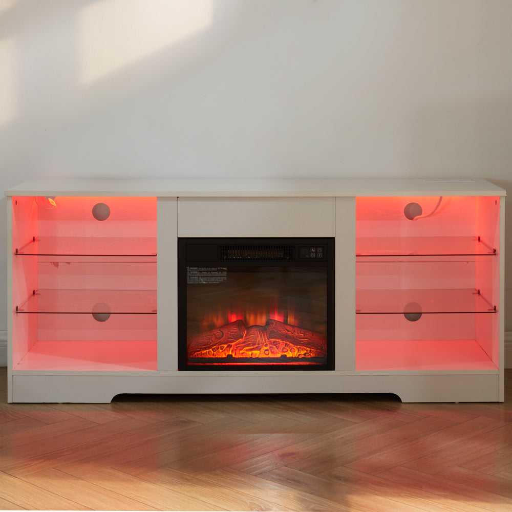 TV Stand with Electric Fireplace — Glass Shelves & USB Outlets for TVs Up to 62"