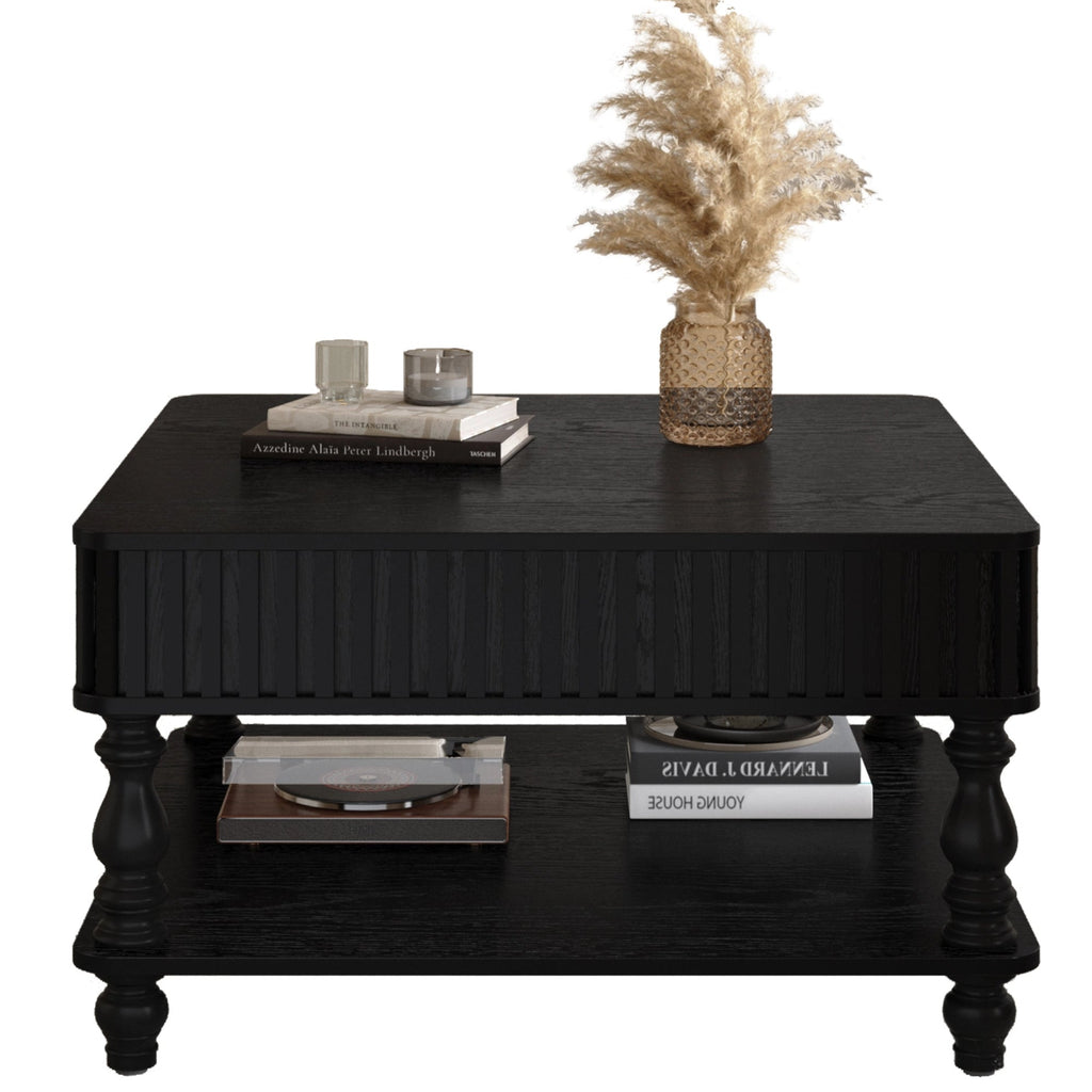 31.5 Inch Square Fluted Lift-Top Coffee Table with Hidden & Open Storage, Hydraulic Raising Mechanism, Retro Solid Wood Legs for Living Room, Sofa (Natural Wood)